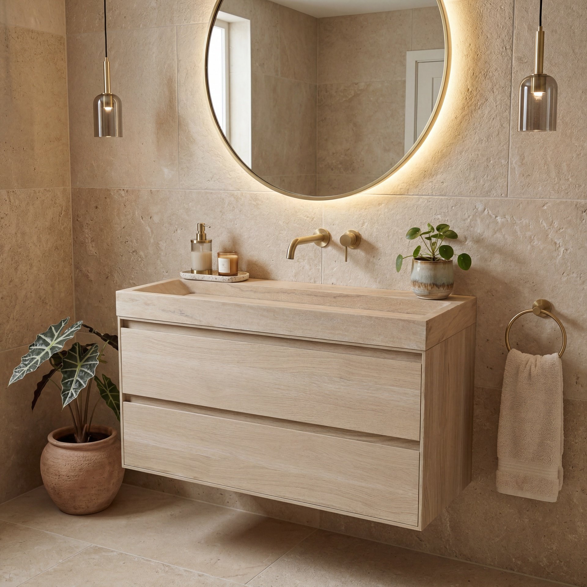 FORZALAQUA IBIZA BELLEZZA Waschbecken mit Unterschrank 120 cm, Braun hell, Natursteinwaschbecken Travertin matt ohne Hahnloch, 2 Schubladen
