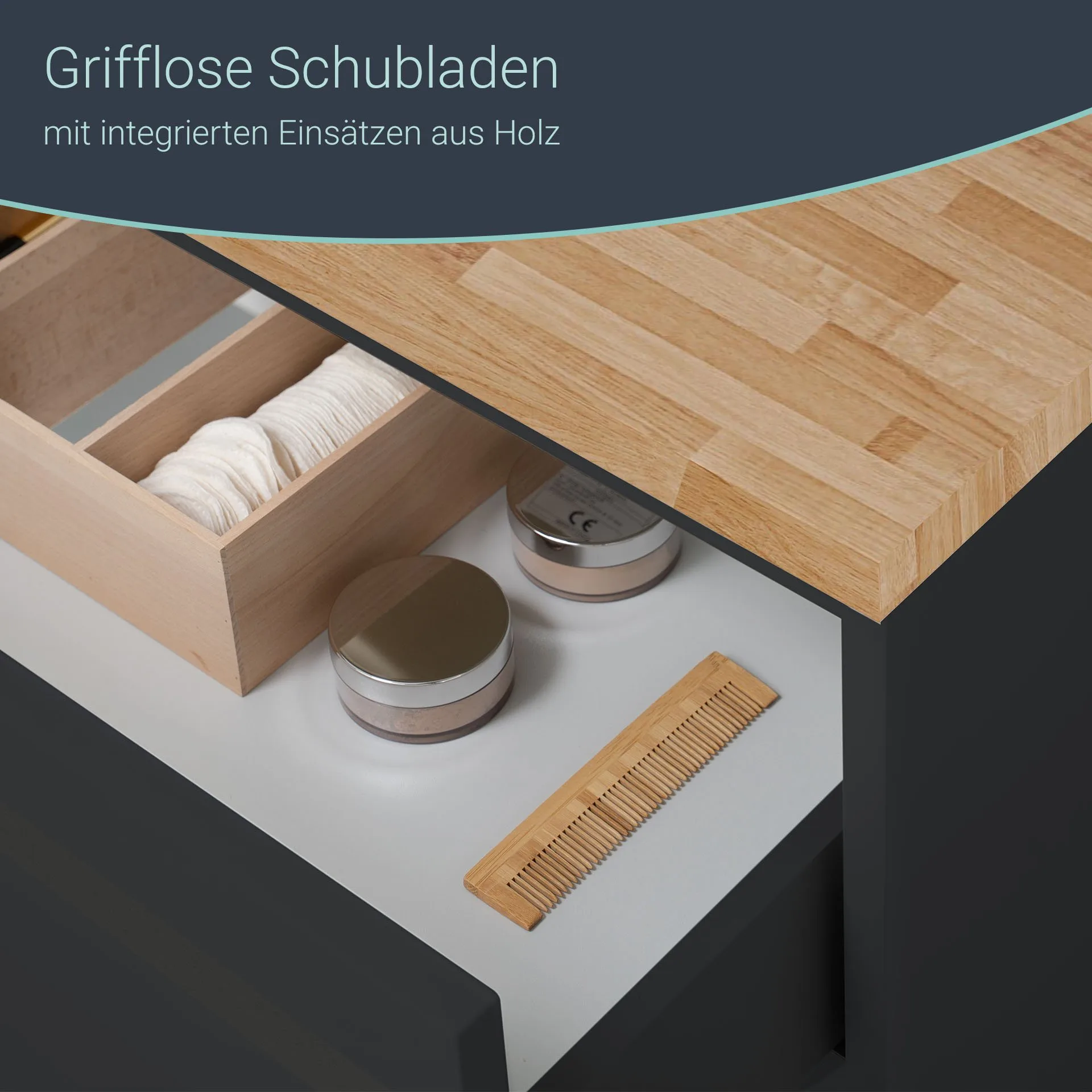 BADEDU GERS Waschbecken mit Unterschrank 60 cm breit, Grau, Aufsatzwaschbecken Keramik Weiß Waschtischplatte Braun hell