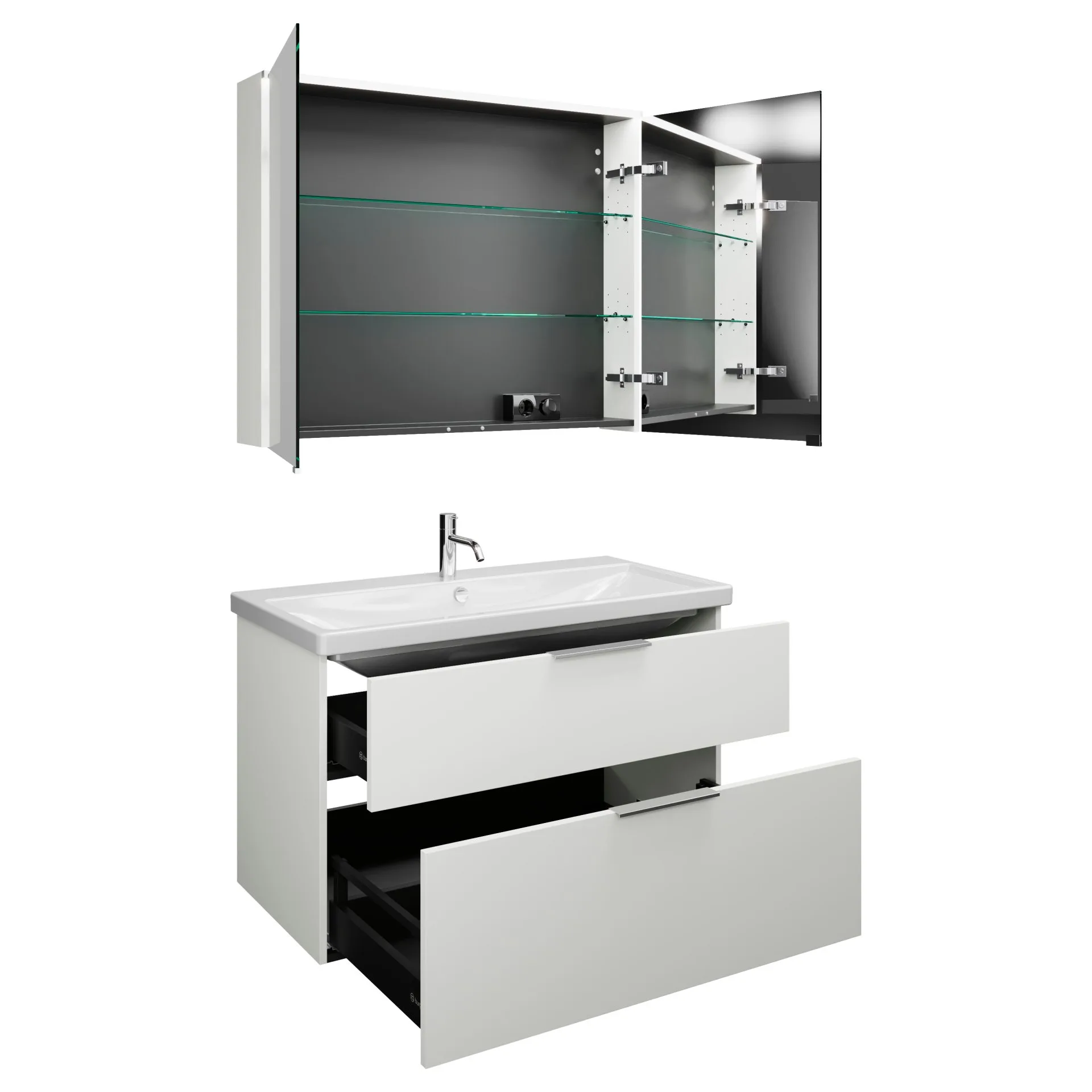 Burgbad EQIO Waschtisch Set mit Spiegelschrank 103 cm breit, Weiß Hochglanz, Waschbecken Keramik Weiß