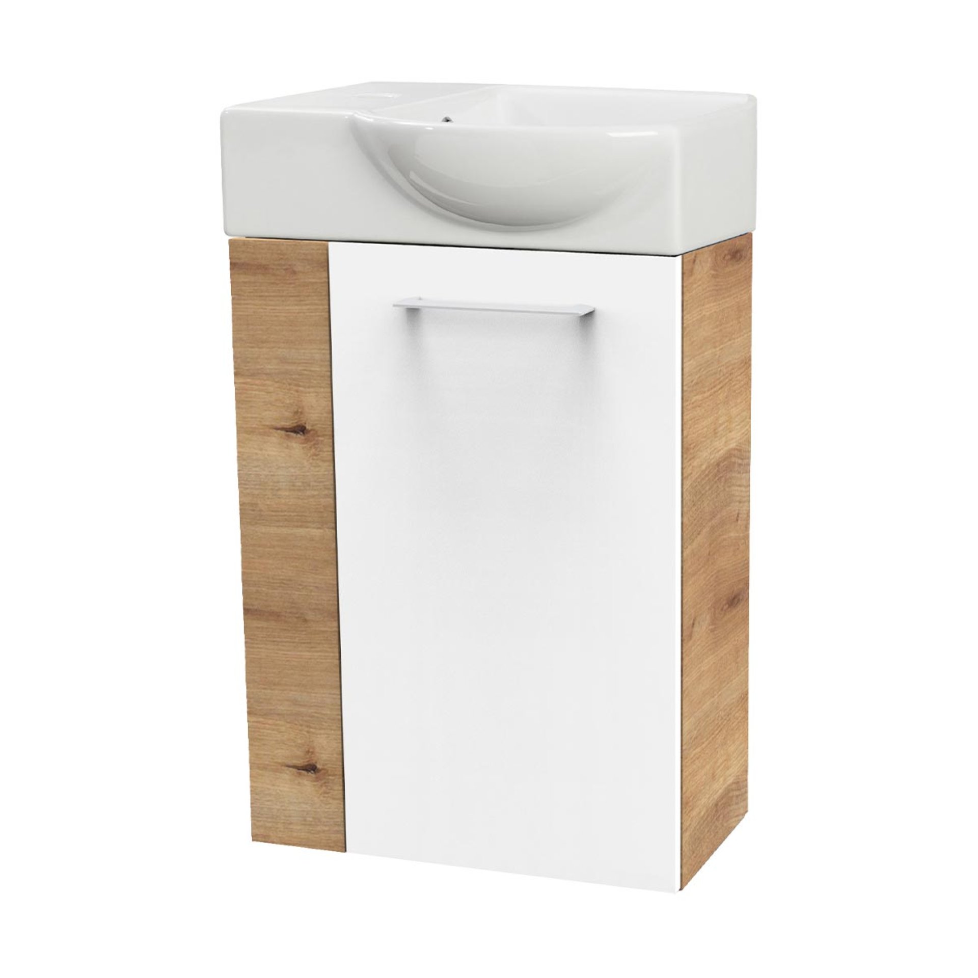 FACKELMANN SBC MILANO Gäste WC Waschtisch Set 45 cm breit, Weiß/Braun hell, Waschbecken Keramik Weiß, Türanschlag rechts