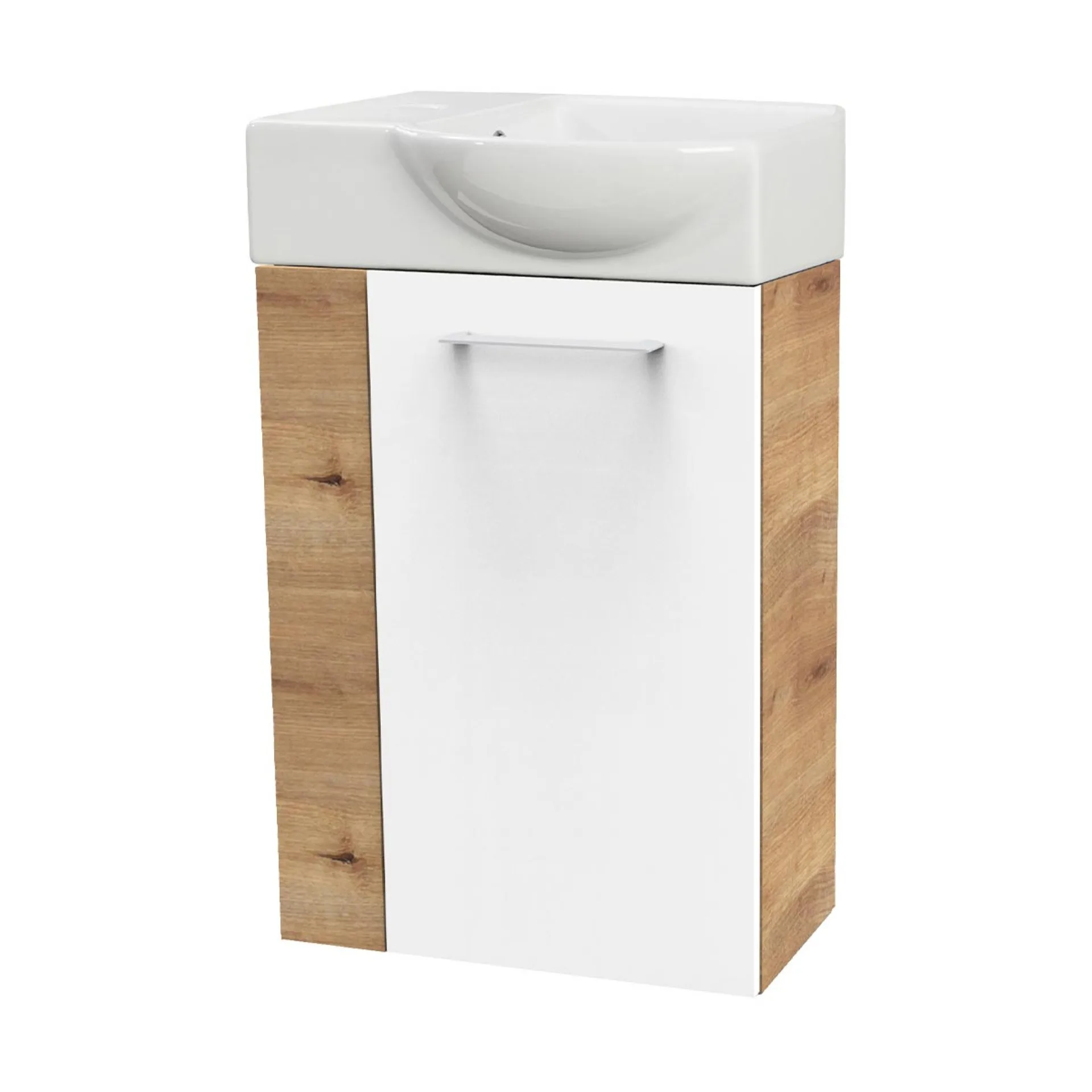 FACKELMANN SBC MILANO Gäste WC Waschtisch Set 45 cm breit, Weiß/Braun hell, Waschbecken Keramik Weiß, Türanschlag rechts