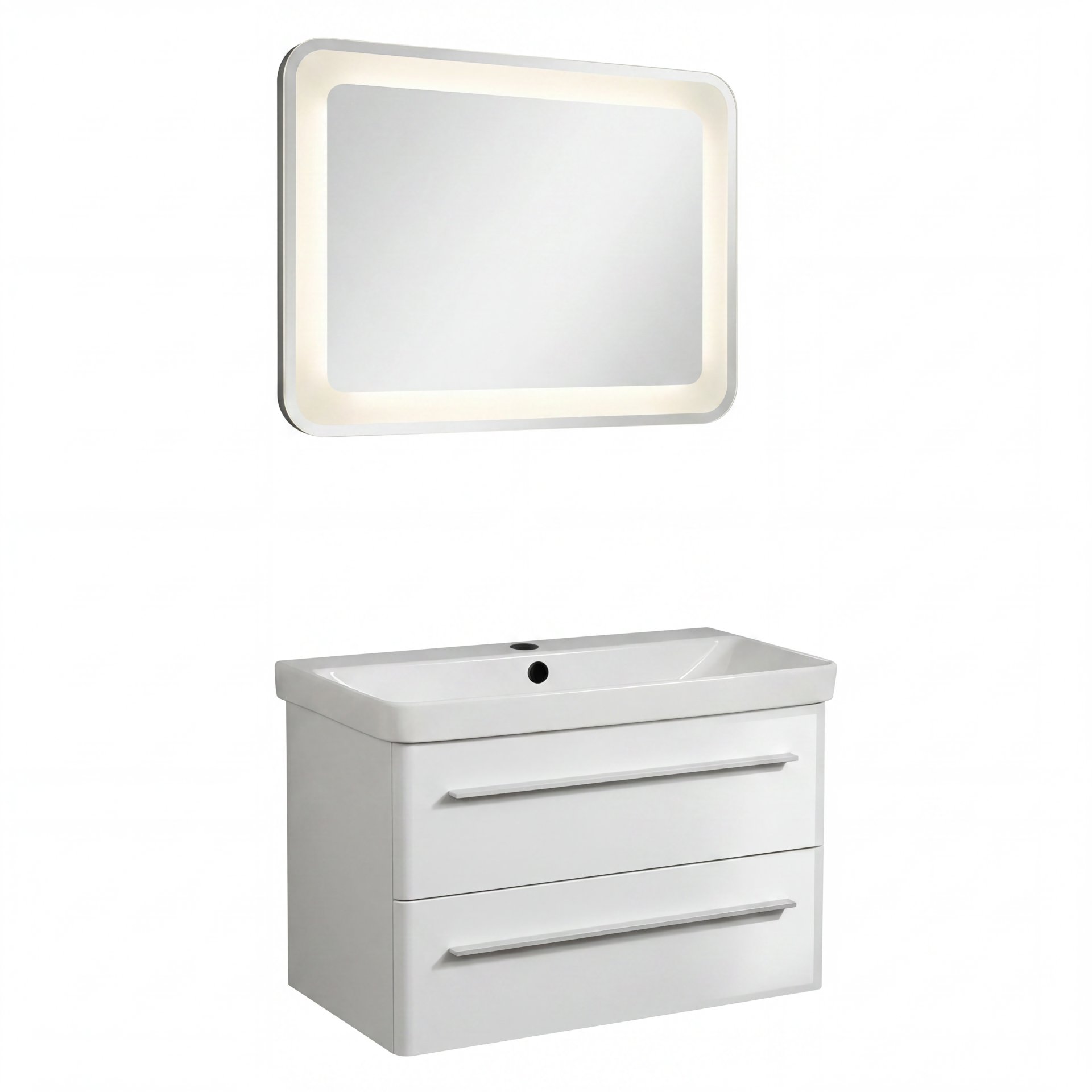 LANZET K8 Waschtisch Set mit Spiegel 80 cm breit, Weiß, Waschbecken Keramik Weiß
