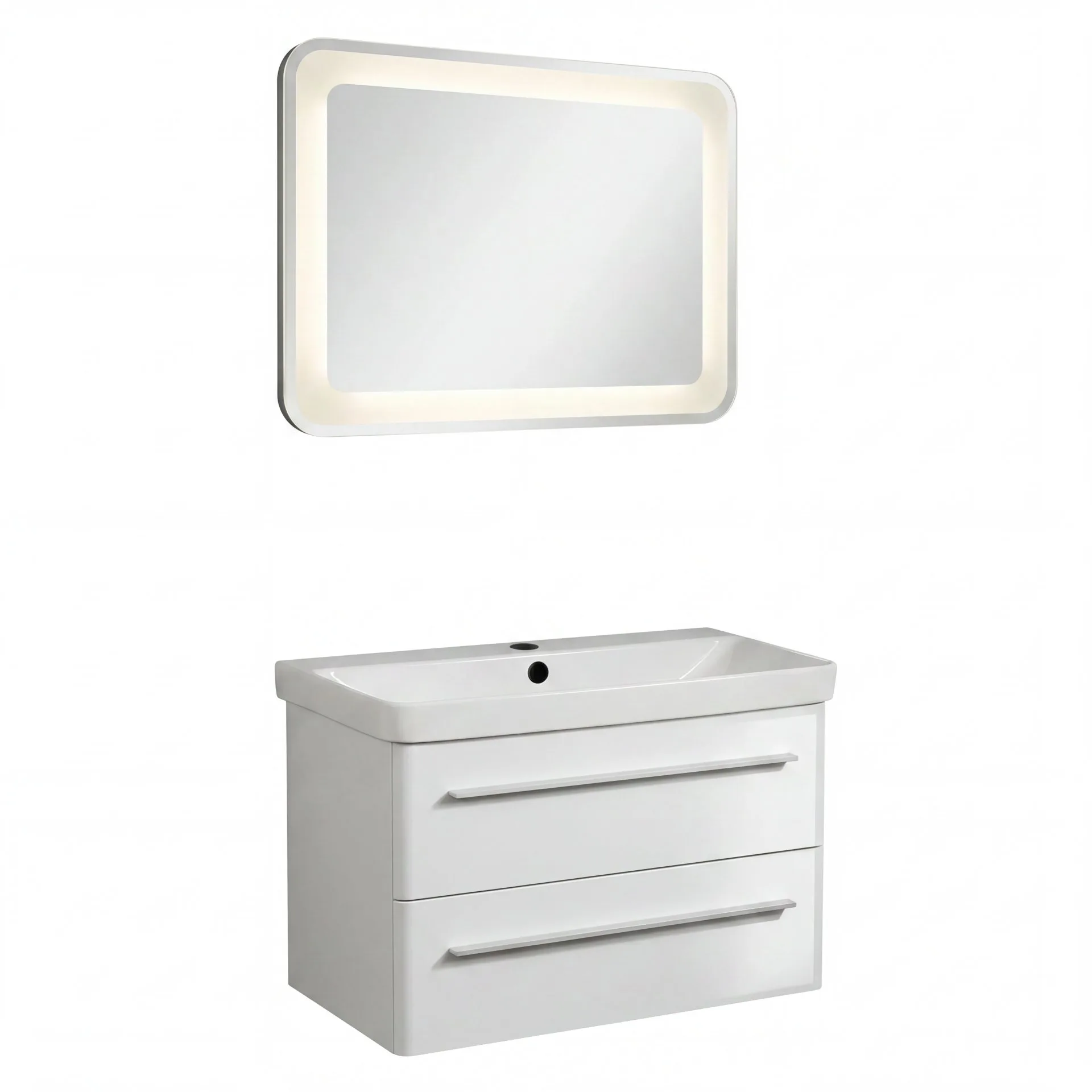 LANZET K8 Waschtisch Set mit Spiegel 80 cm breit, Weiß, Waschbecken Keramik Weiß