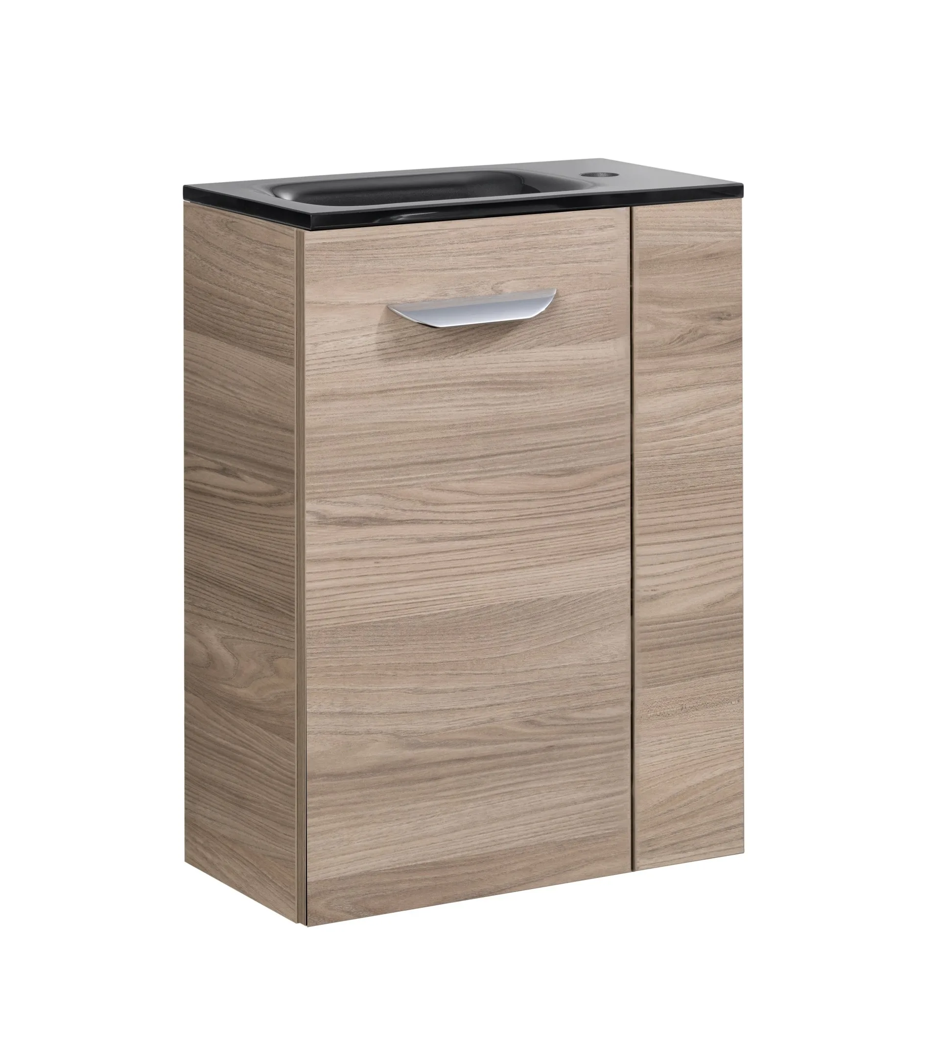 FACKELMANN SBC LUXOR Gäste WC Waschtisch Set 45 cm breit, Braun hell, Waschbecken Glas Anthrazit, Türanschlag links