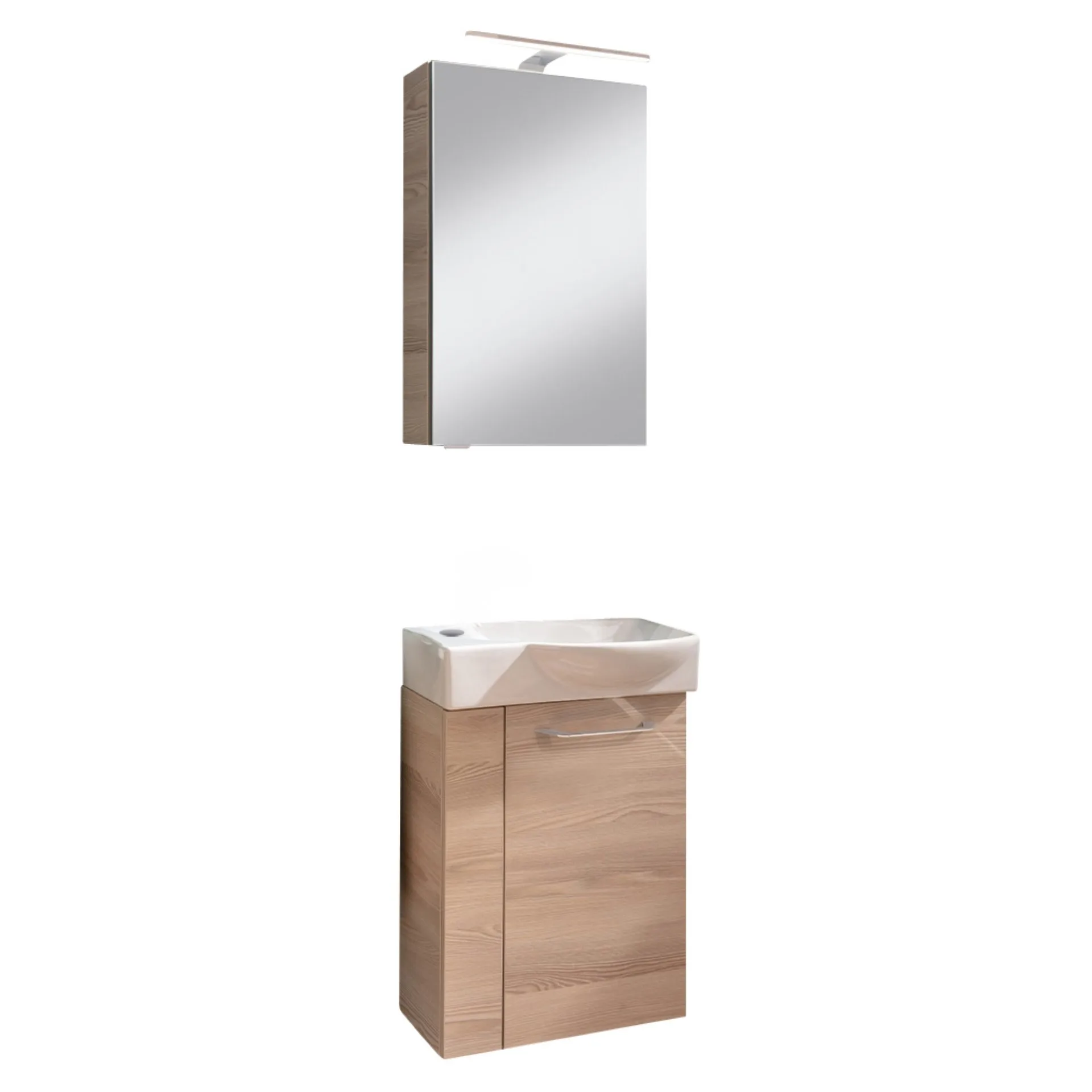 FACKELMANN SBC B.CLEVER Gäste WC Waschtisch Set mit Spiegelschrank 45 cm breit, Braun hell, Türanschlag rechts