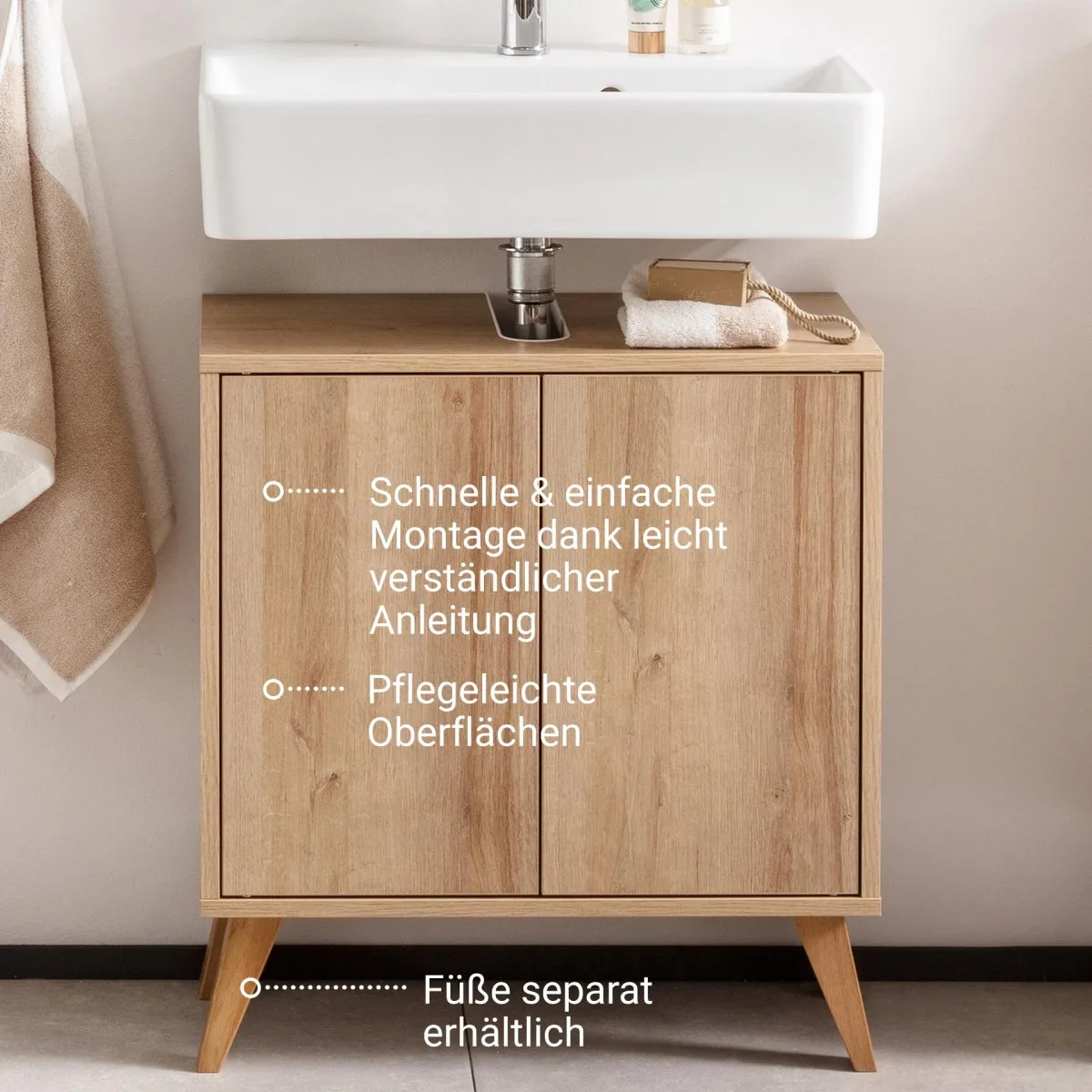 FACKELMANN FINN Waschbeckenunterschrank 60 cm breit, Braun hell