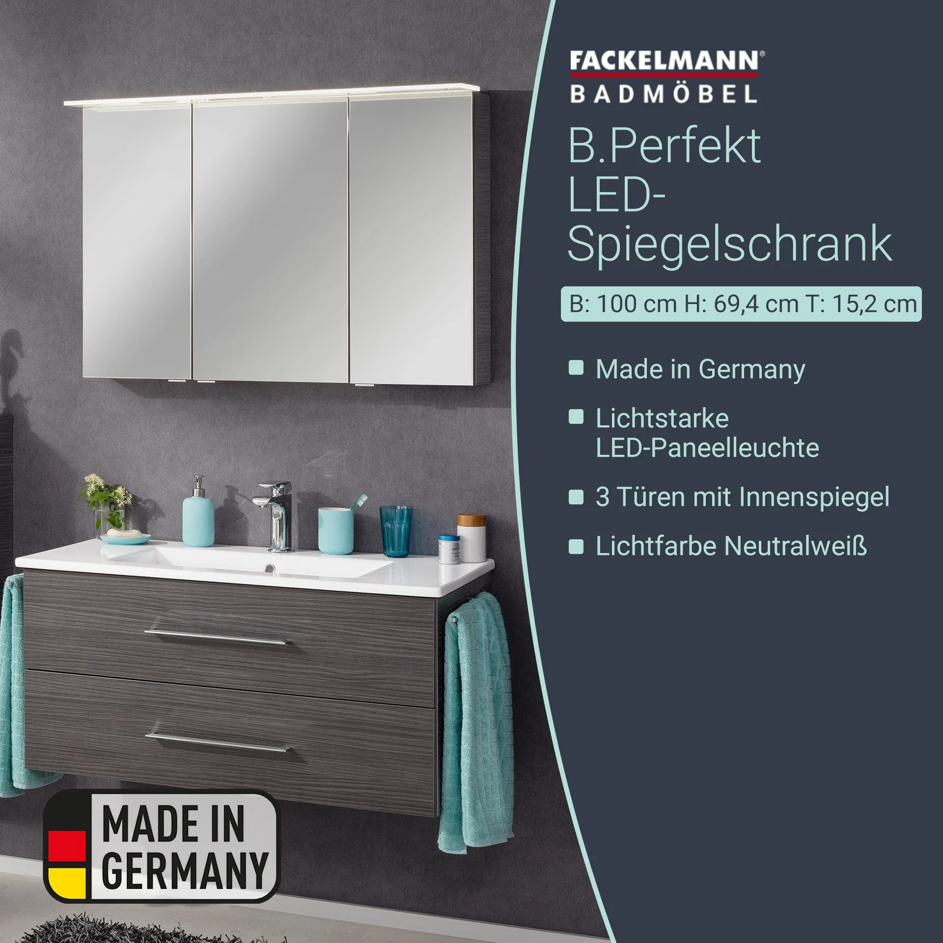 Fackelmann B.PERFEKT LED Spiegelschrank 100 cm breit, Anthrazit