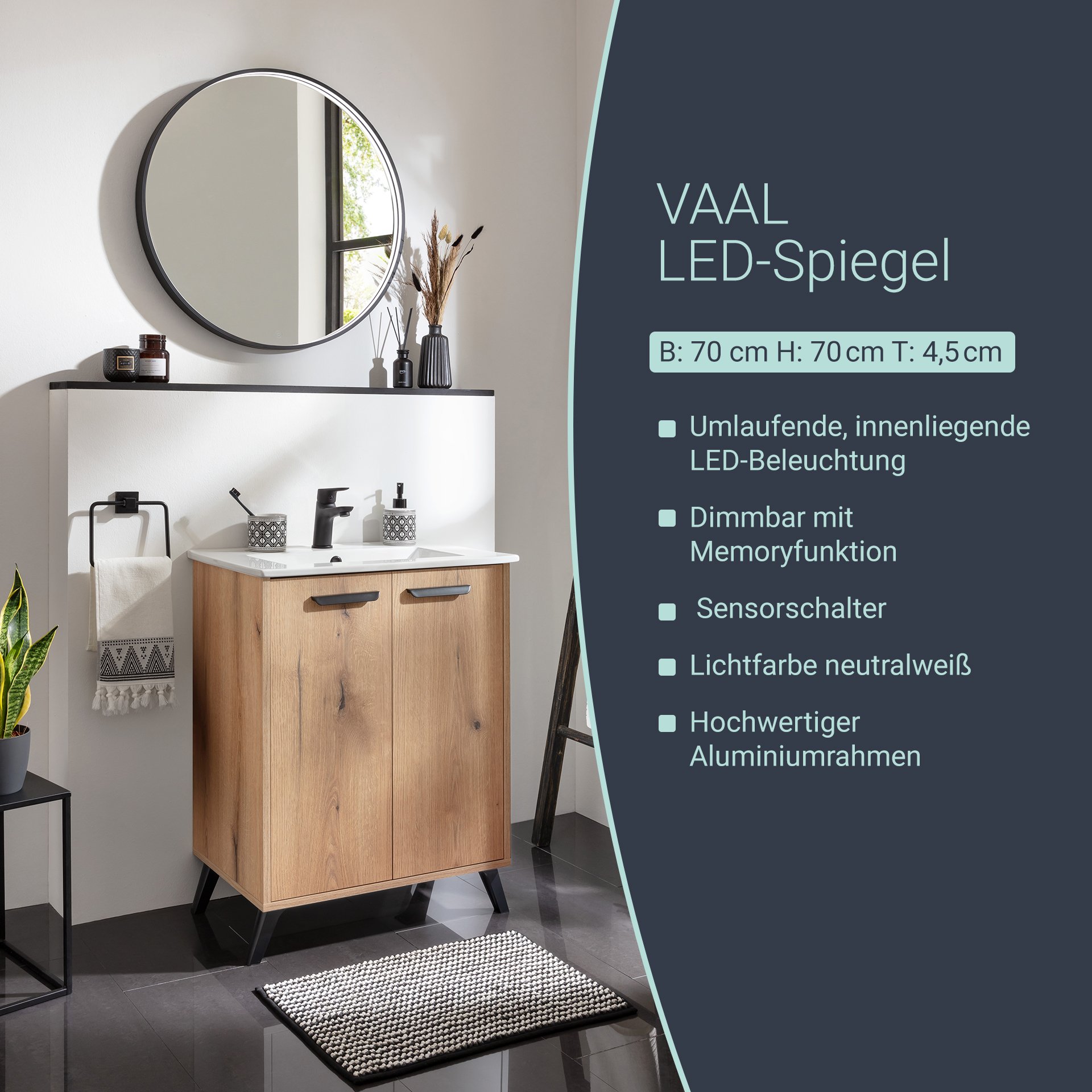 BADEDU VAAL LED Spiegel Ø 70 cm, rund, Schwarz, Sensor