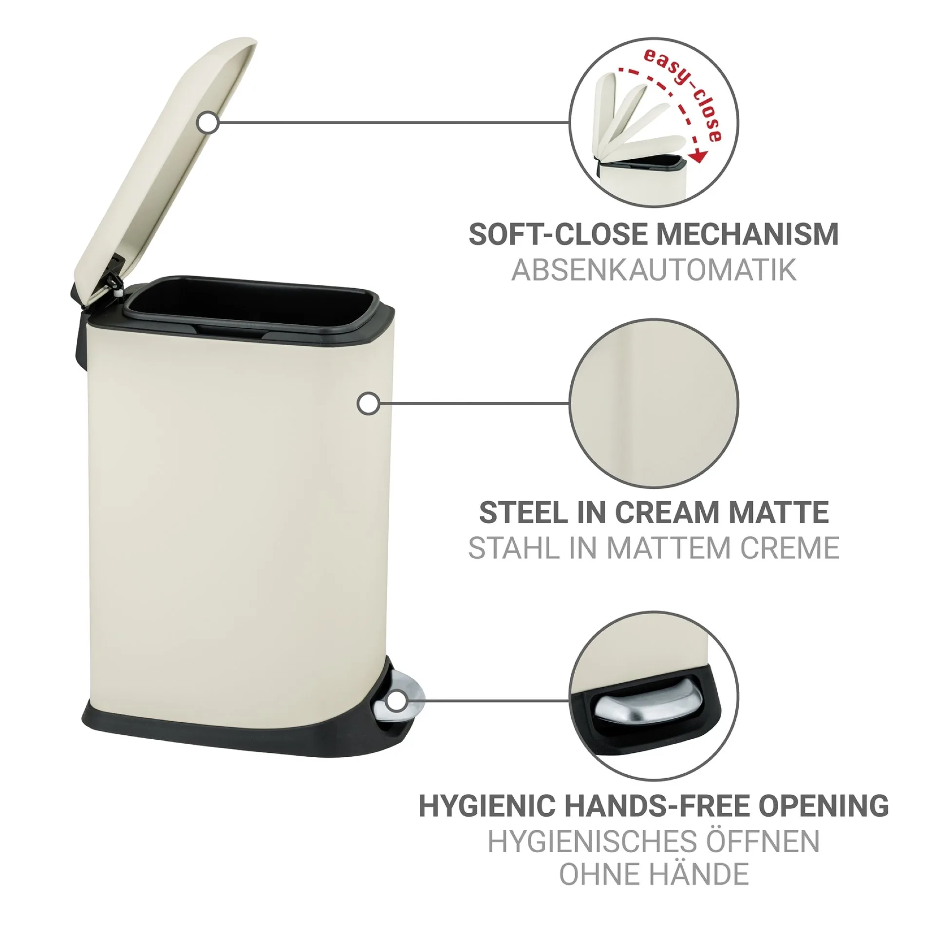 WENKO DESIGN Mülleimer 20 Liter, Beige, mit Absenkautomatik