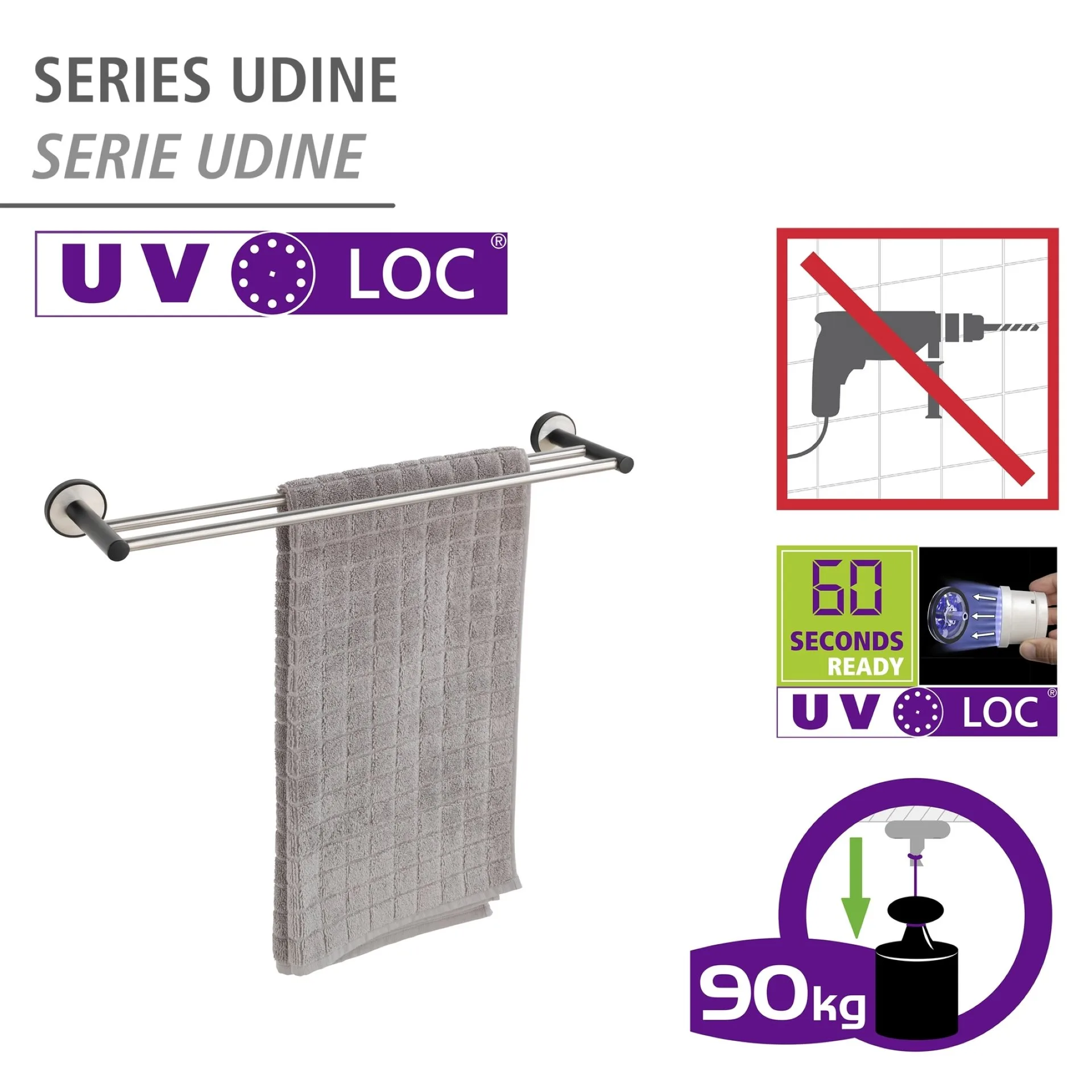 WENKO UDINE Handtuchhalter 60 cm breit, Chrom/Schwarz, 2 Stangen, UV-Loc