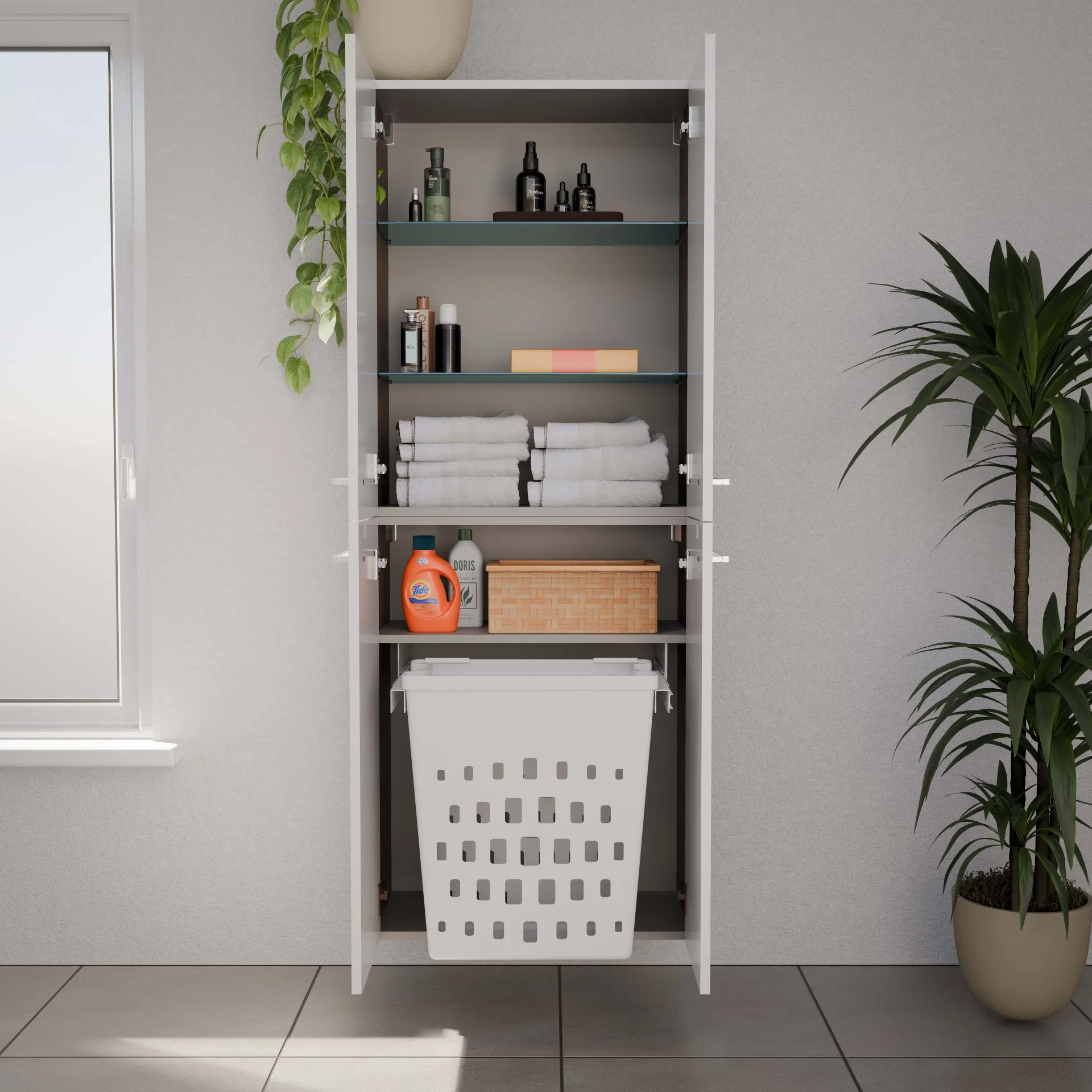 FACKELMANN VERONA Doppel Hochschrank 60 cm breit, Weiß Hochglanz/Braun Dunkel, mit Wäschekorb