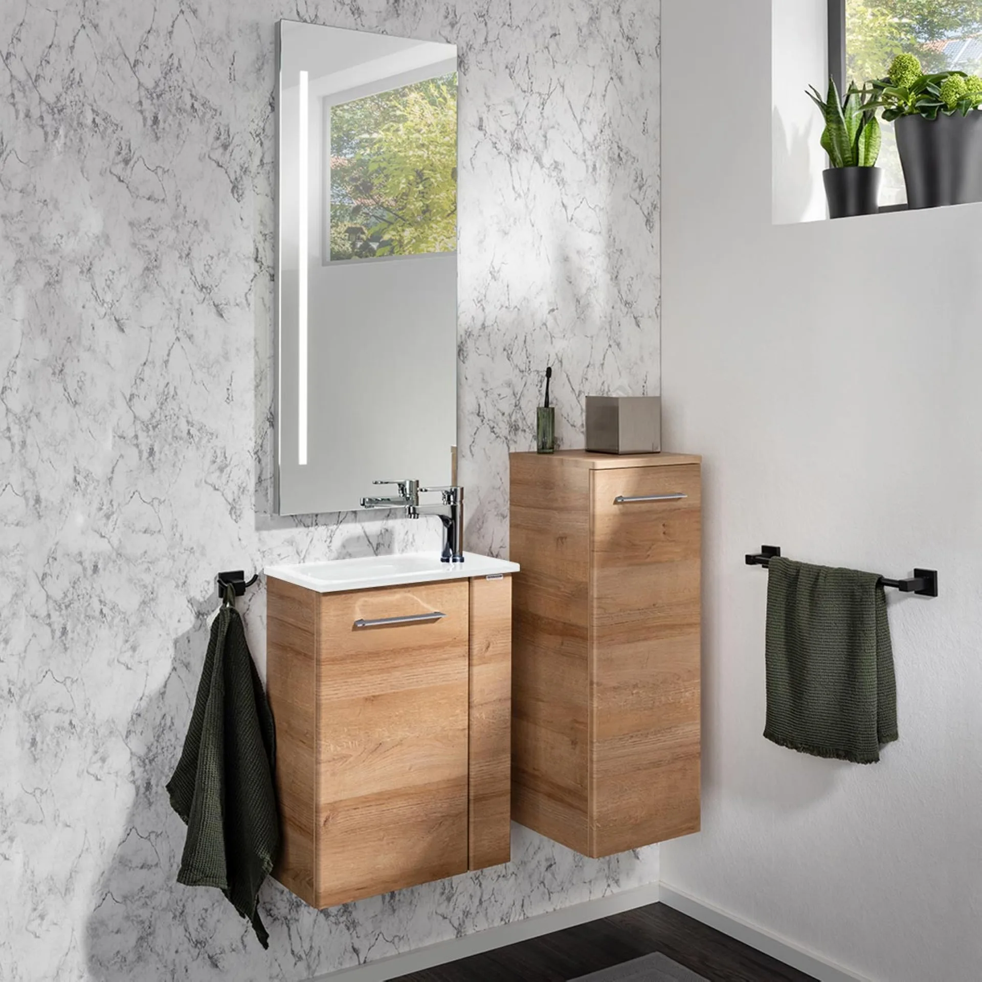FACKELMANN SBC MILANO Gäste WC Waschtisch Set 45 cm breit, Braun hell, Waschbecken Glas Weiß, Türanschlag links