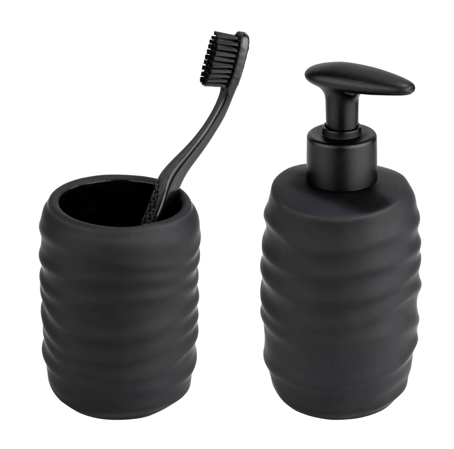 WENKO ILLANA Accessoire Set, Schwarz, Zahnputzbecher, Seifenspender, Keramik