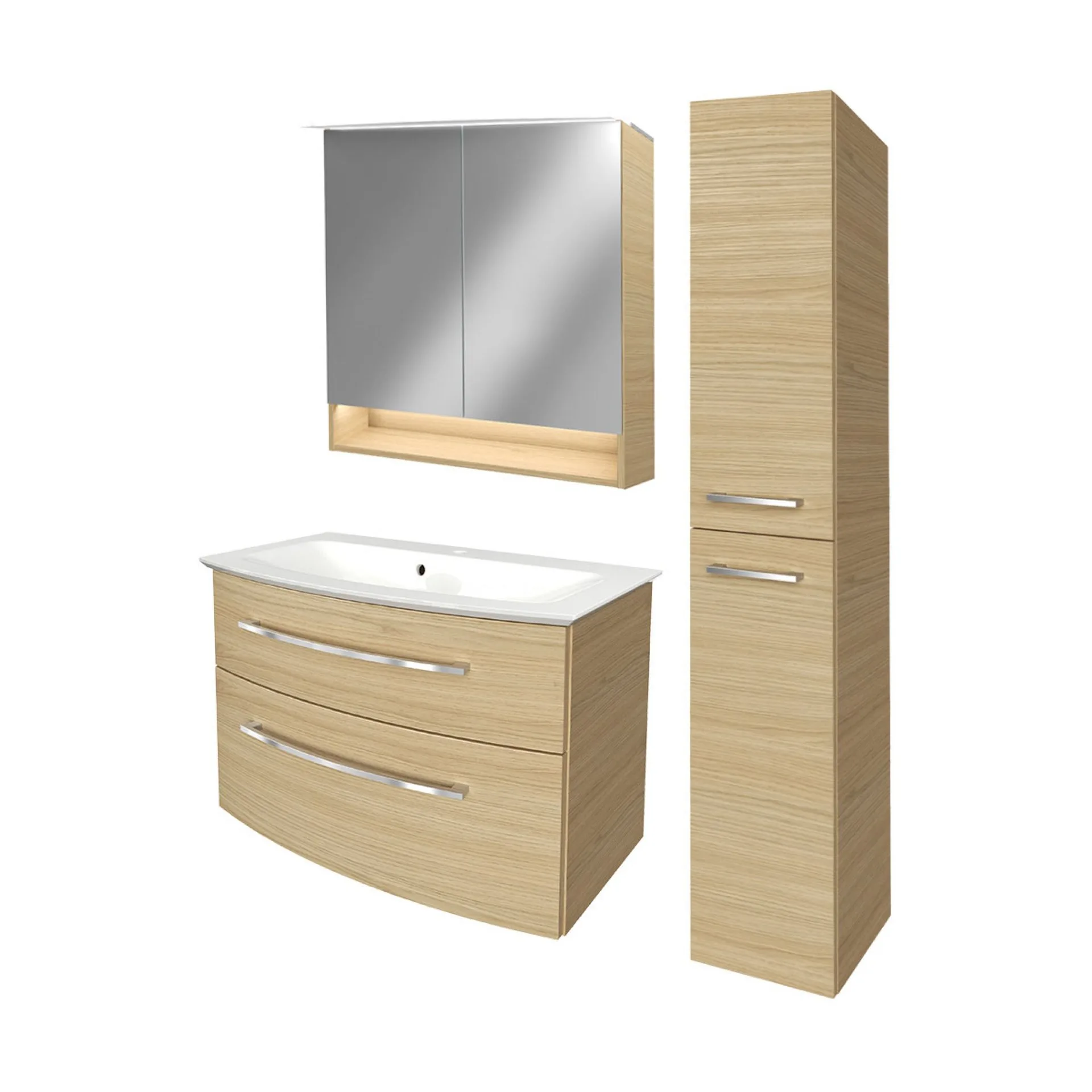 FACKELMANN B.STYLE Badmöbel Set 4-teilig 83 cm breit, Braun, Waschbecken Gussmarmor Weiß + LED-Spiegelschrank + Hochschrank Türanschlag rechts