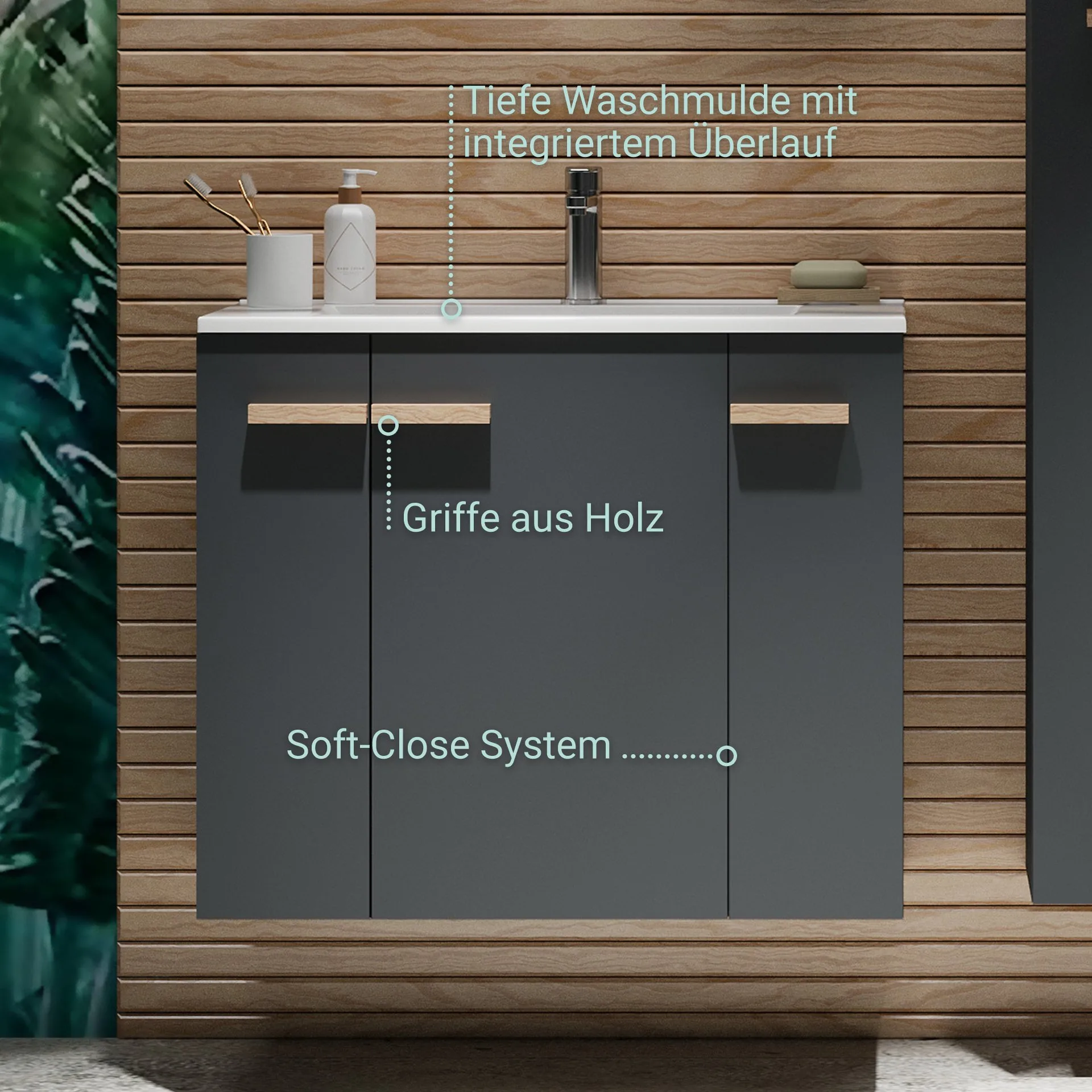 BADEDU HIERA Waschbecken mit Unterschrank 80 cm breit, Anthrazit, Waschbecken Keramik Weiß
