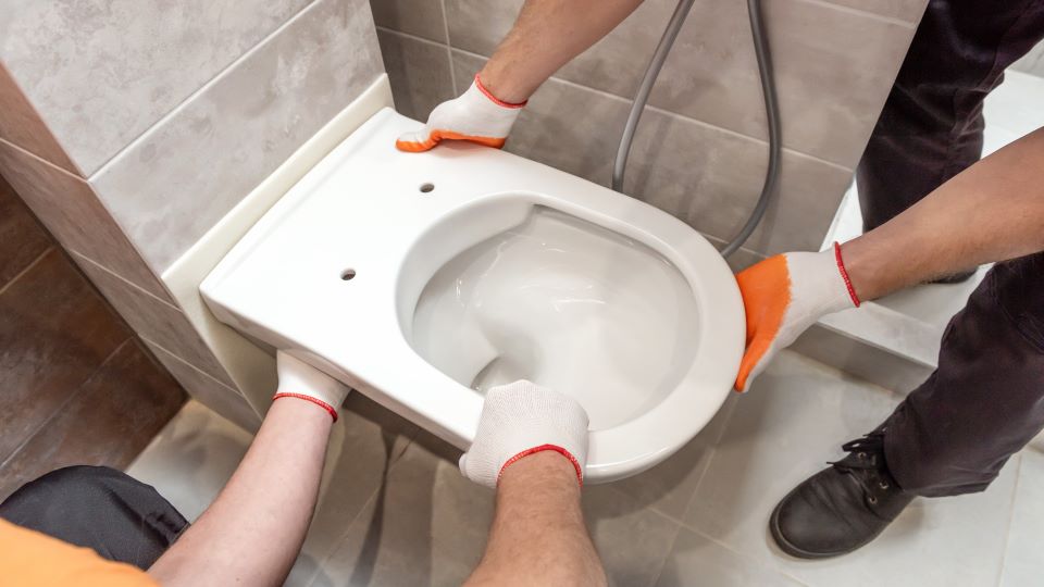 Neuer Toilettensitz wird von zwei Handwerkern eingebaut