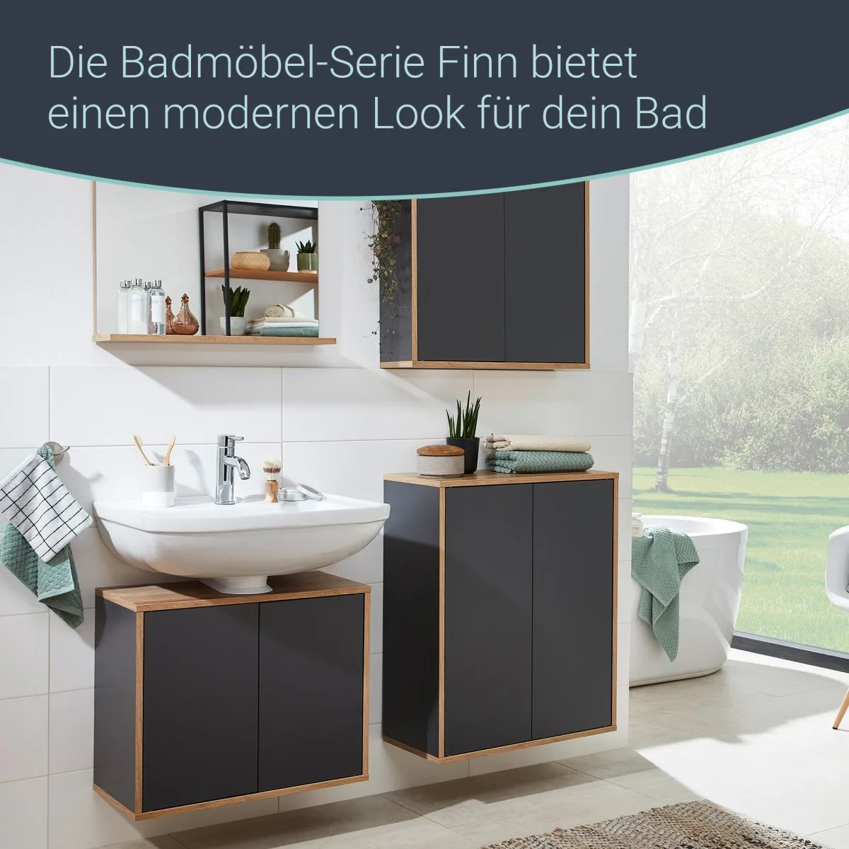 FACKELMANN FINN Waschbecken mit Unterschrank 60 cm breit, Anthrazit/Braun hell, Waschbecken Keramik Weiß