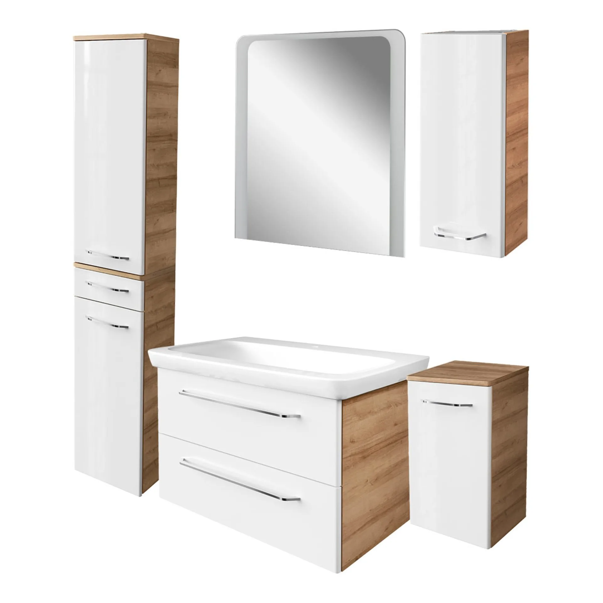 FACKELMANN MILANO Badmöbel Set 6-teilig 88 cm breit, Weiß/Braun hell, Waschbecken Keramik Weiß + LED Spiegel + Unterschrank + Hängeschrank + Hochschrank