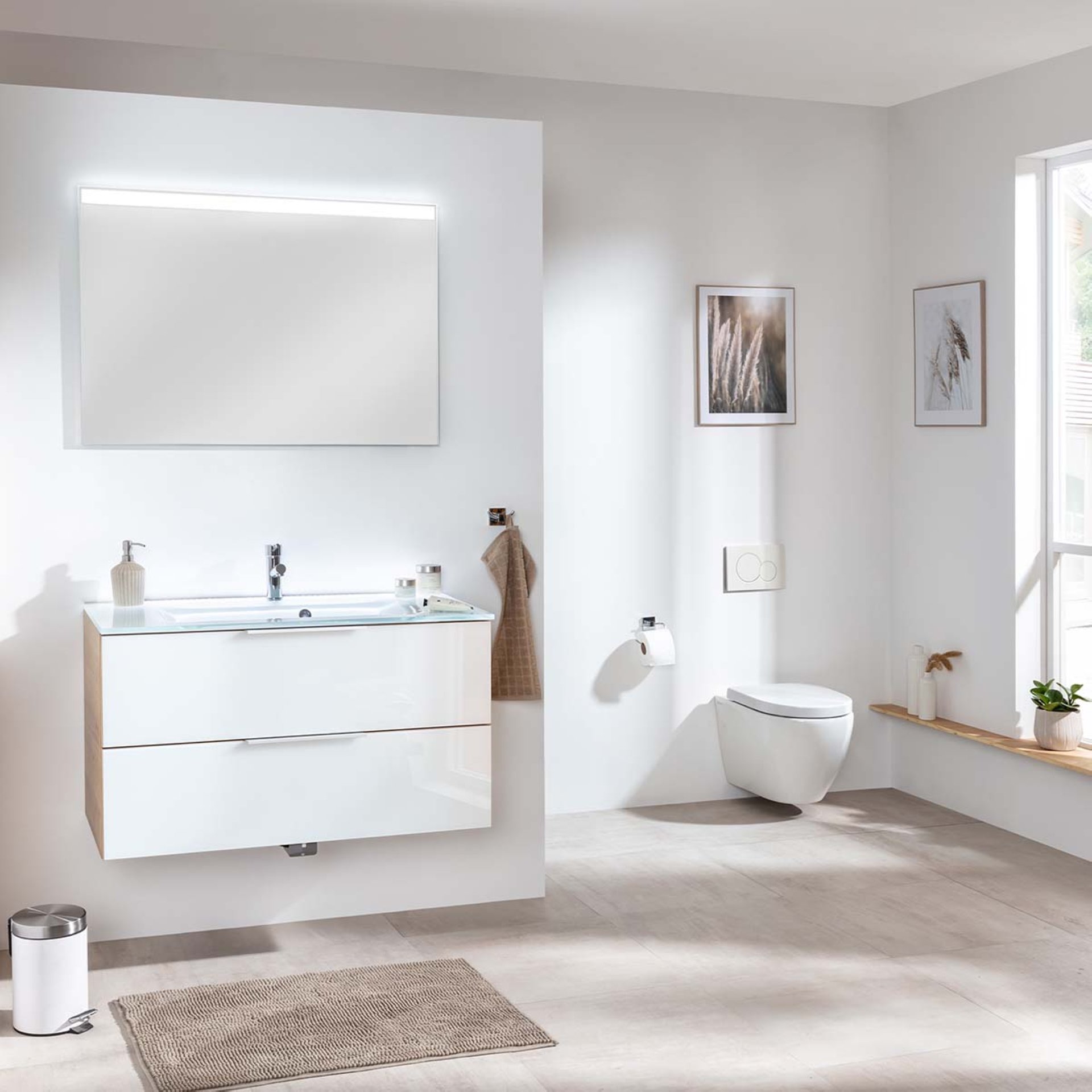 Fackelmann B. BRILLANT Badmöbel Set 3-teilig 100 cm, Weiß Glas/Braun hell, Glas Weiß + LED-Spiegel