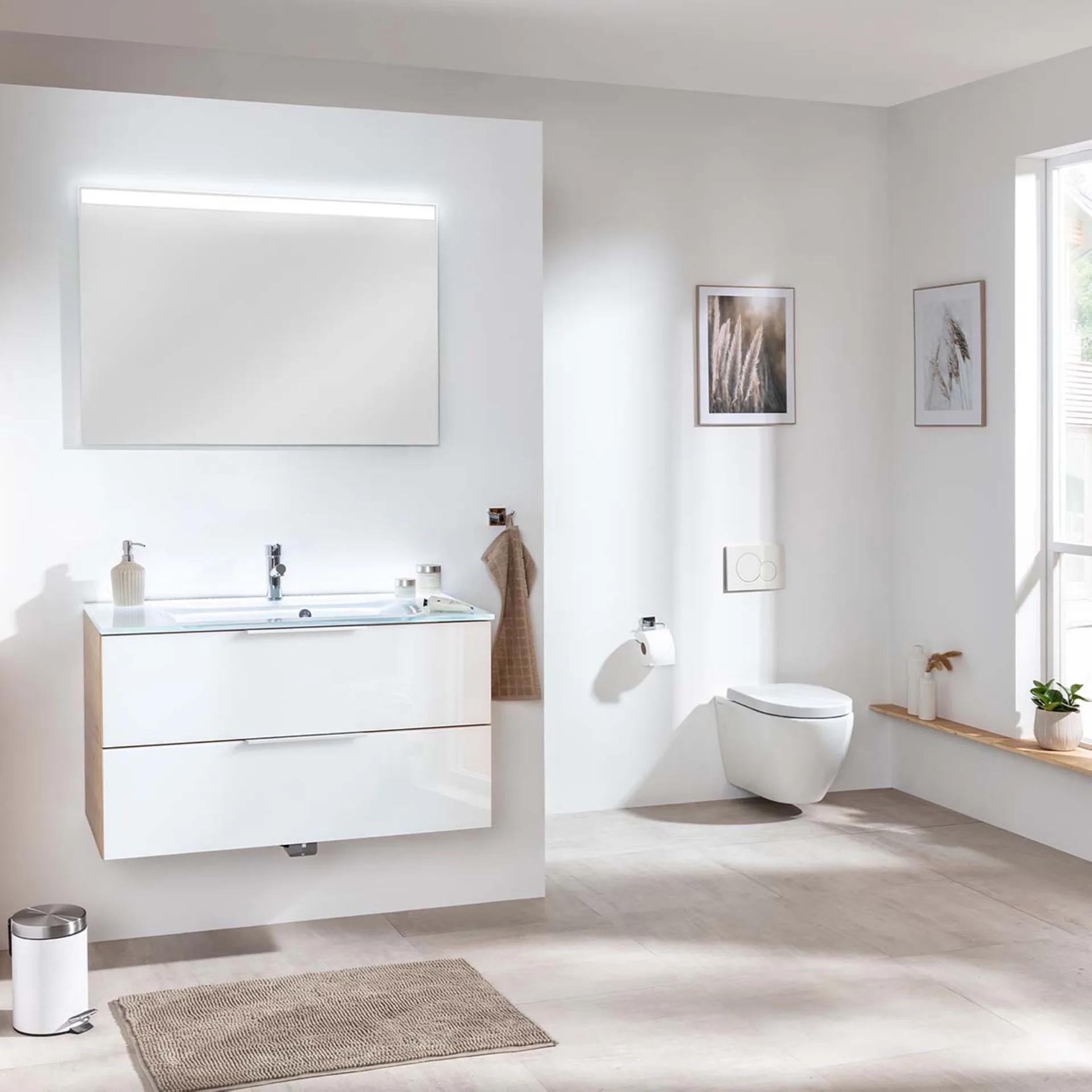FACKELMANN B.BRILLANT Waschtisch Set mit Spiegel 100 cm breit, Weiß Glas/Braun hell, Waschbecken Glas Weiß