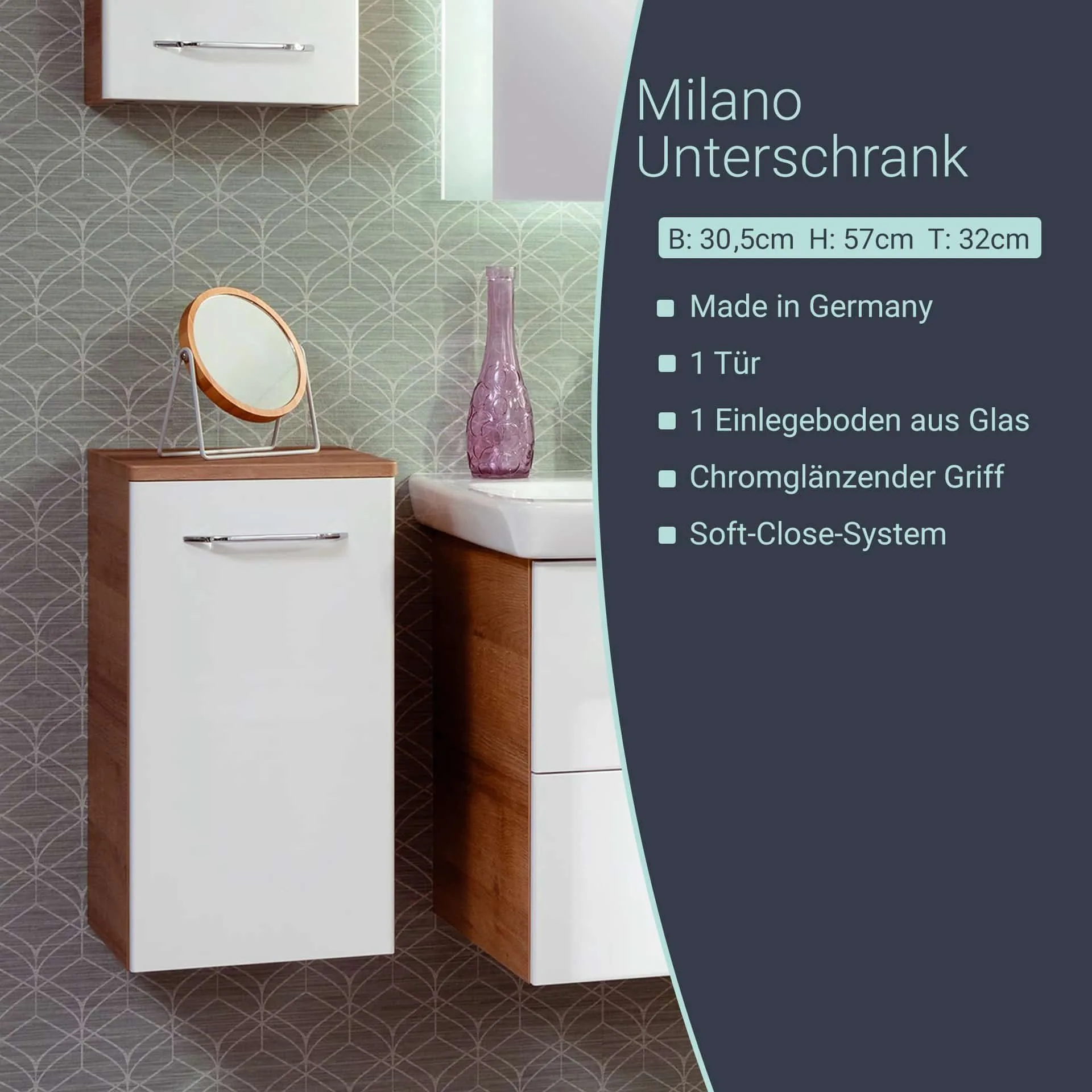 FACKELMANN MILANO Unterschrank 30 cm breit, Weiß/Braun hell