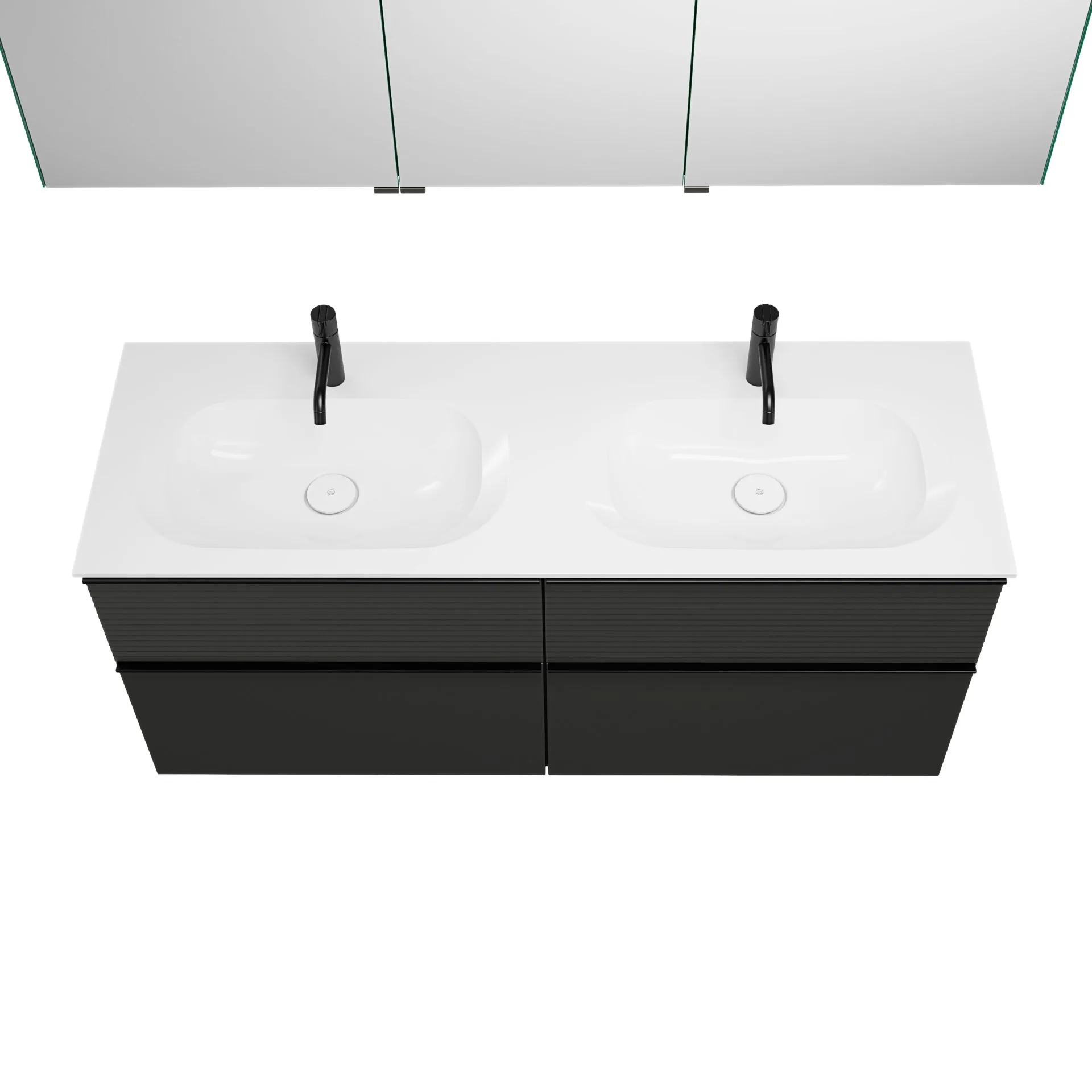 Burgbad FIUMO Waschtisch Set mit Spiegelschrank 142 cm breit, Anthrazit, Doppelwaschbecken Gussmarmor Weiß, 4 Schubladen, Anschlag rechts