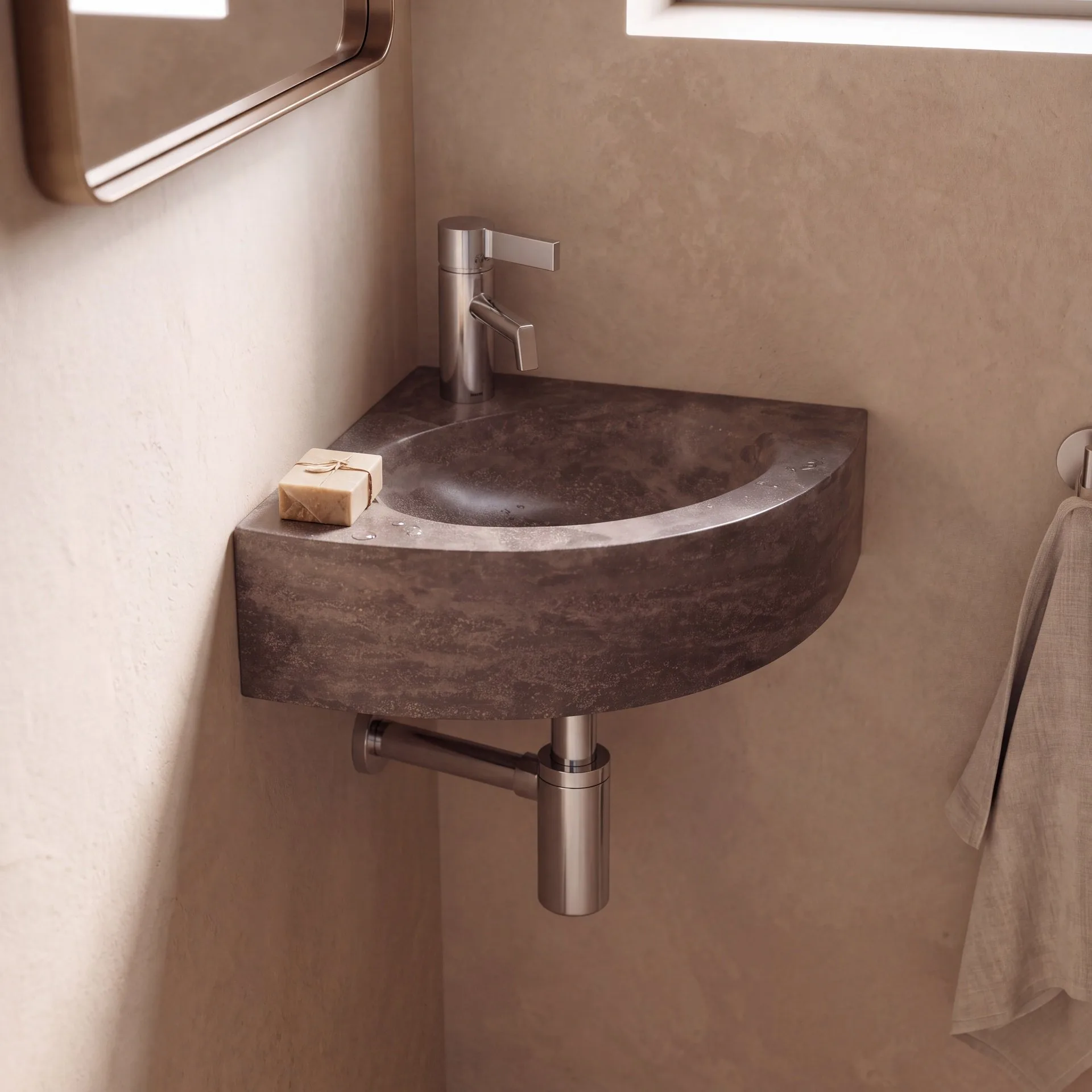 FORZALAQUA TURINO Waschbecken 30 cm breit, Bluestone, Naturstein, mit Hahnloch