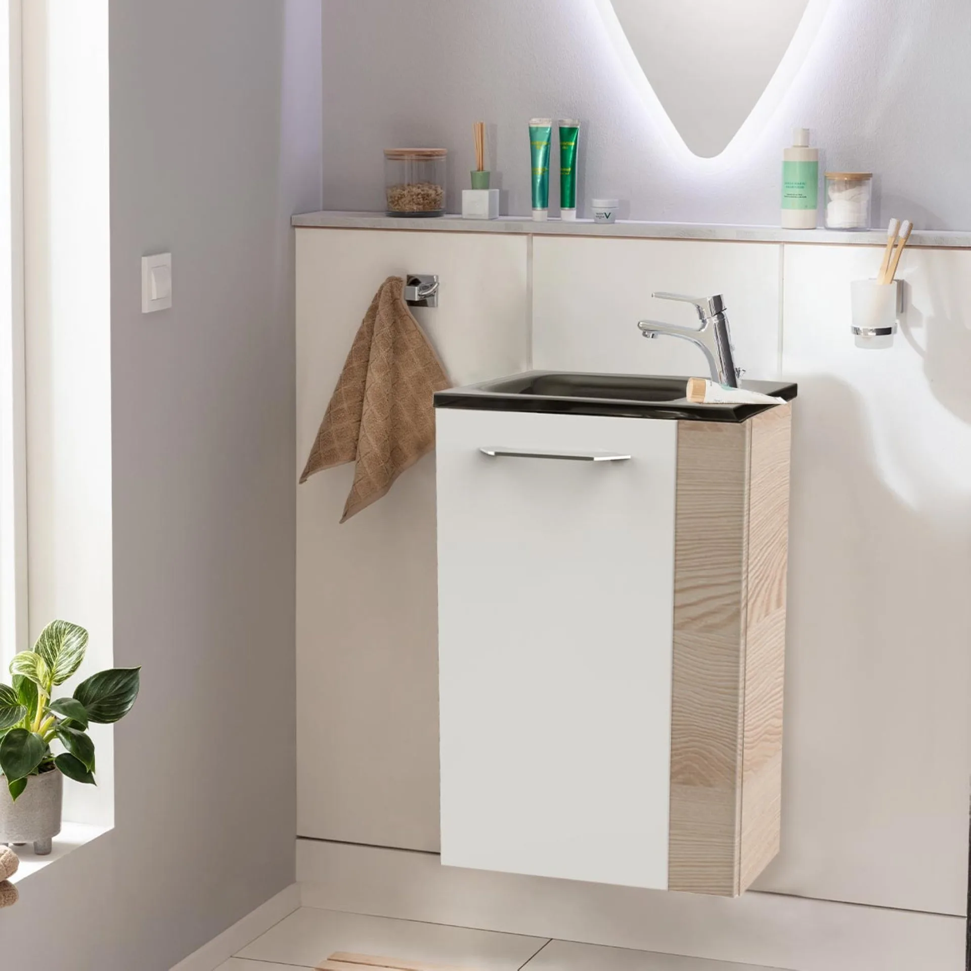 FACKELMANN SBC B.CLEVER Gäste WC Waschtisch Set 45 cm breit, Weiß/Braun hell, Waschbecken Glas Anthrazit, Türanschlag links