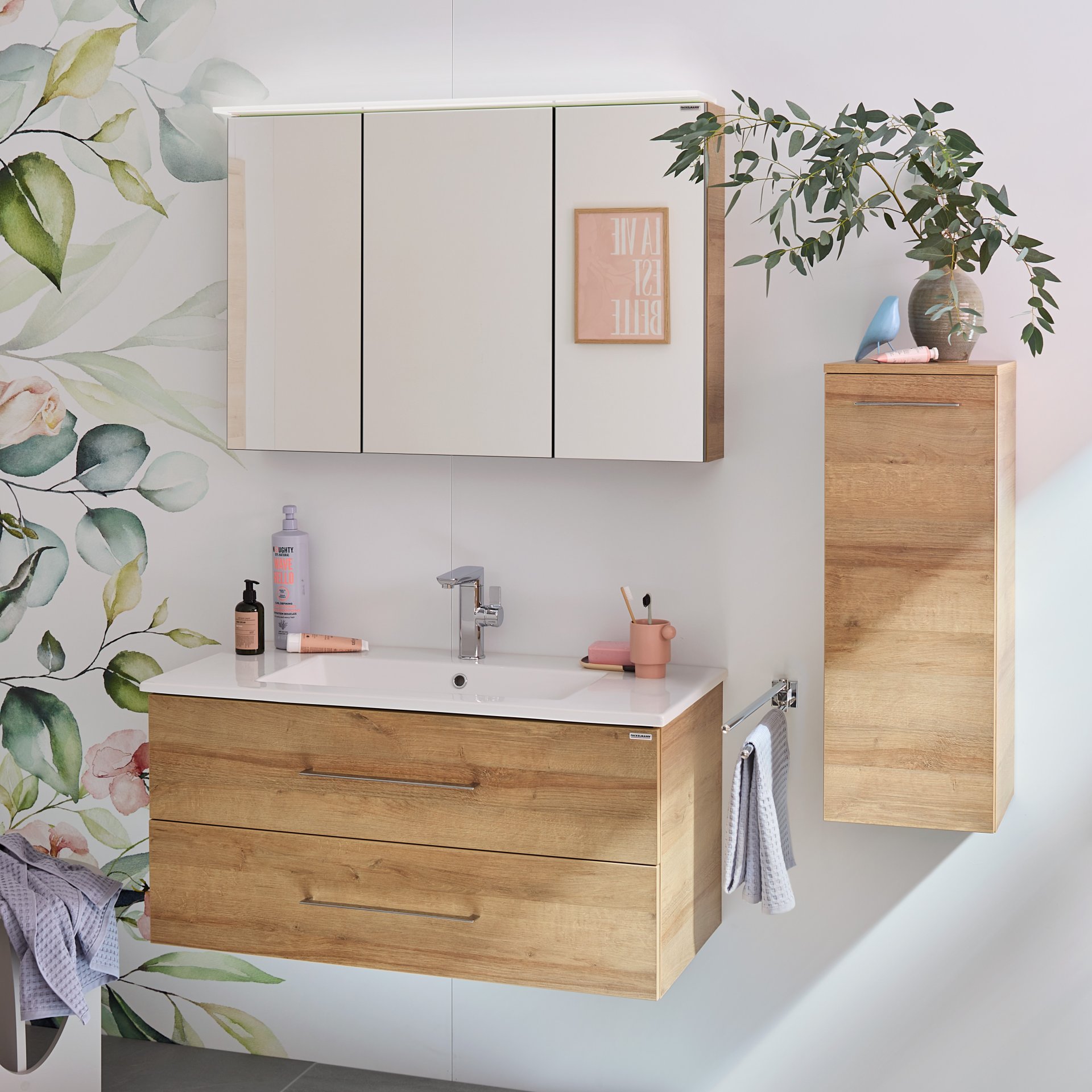 FACKELMANN B.PERFEKT Badmöbel Set 4-teilig 103 cm breit, Braun hell, Waschbecken Keramik Weiß + LED Spiegelschrank + Midischrank