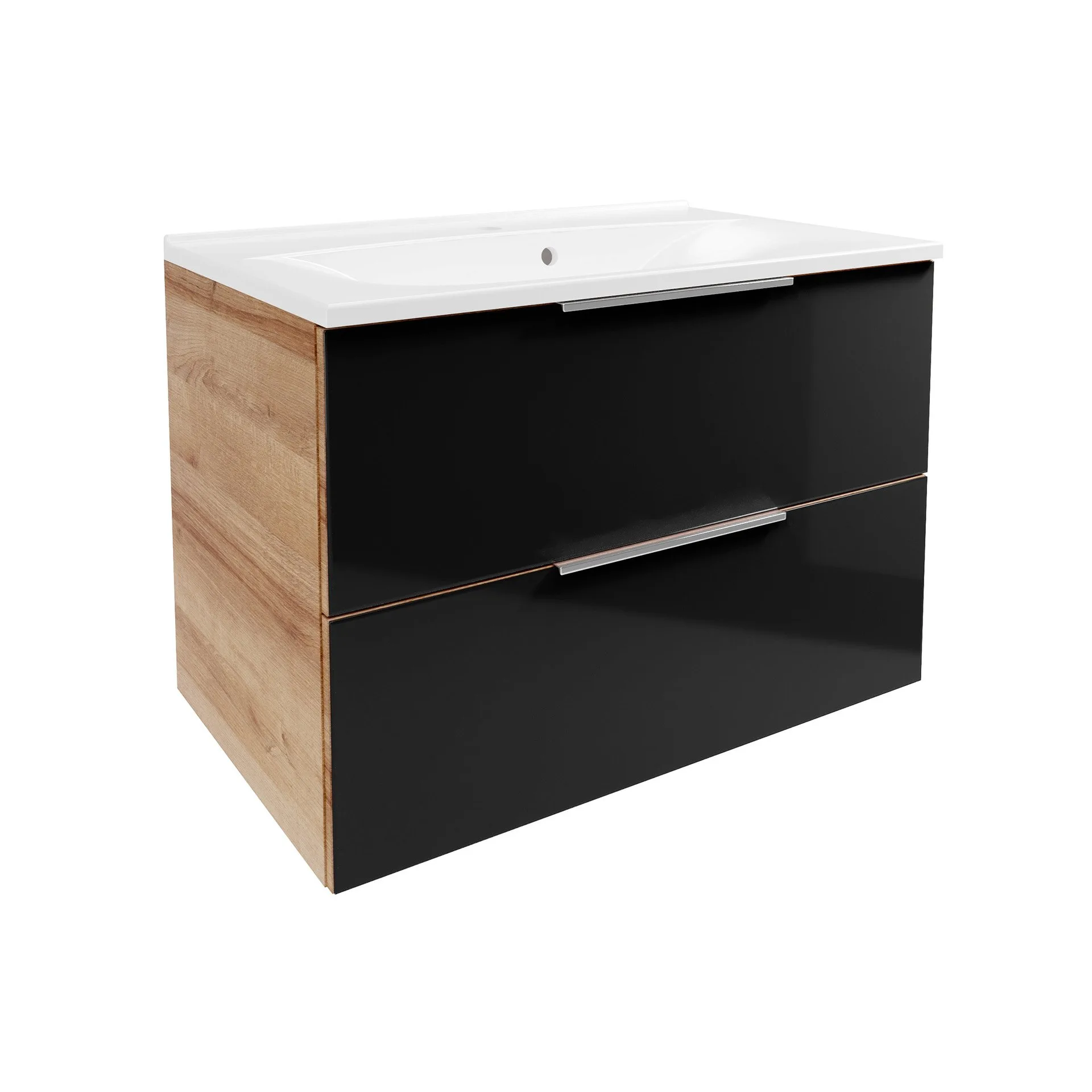 FACKELMANN B.BRILLANT Waschbecken mit Unterschrank 80 cm breit, Anthrazit Glas/Braun hell, Waschbecken Gussmarmor Weiß