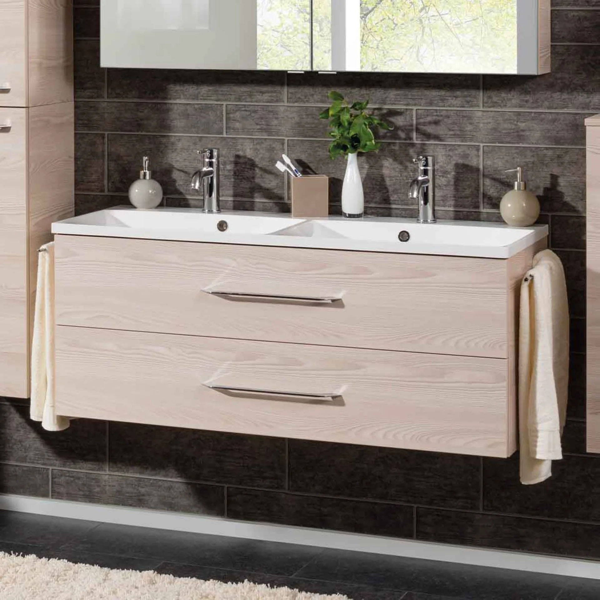 FACKELMANN B.CLEVER Waschbecken mit Unterschrank 120 cm, Braun hell, Doppelwaschbecken Gussmarmor Weiß