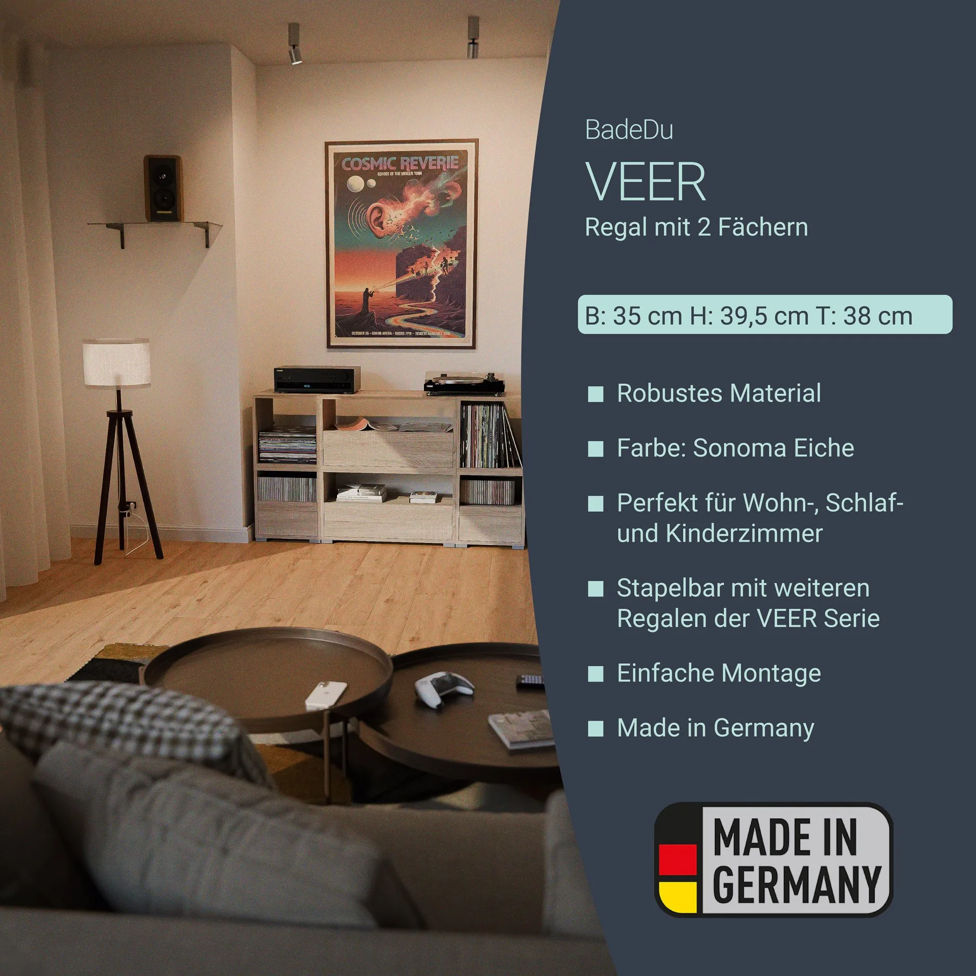 BADEDU VEER Regal 35 cm breit, Braun, 2 Fächer