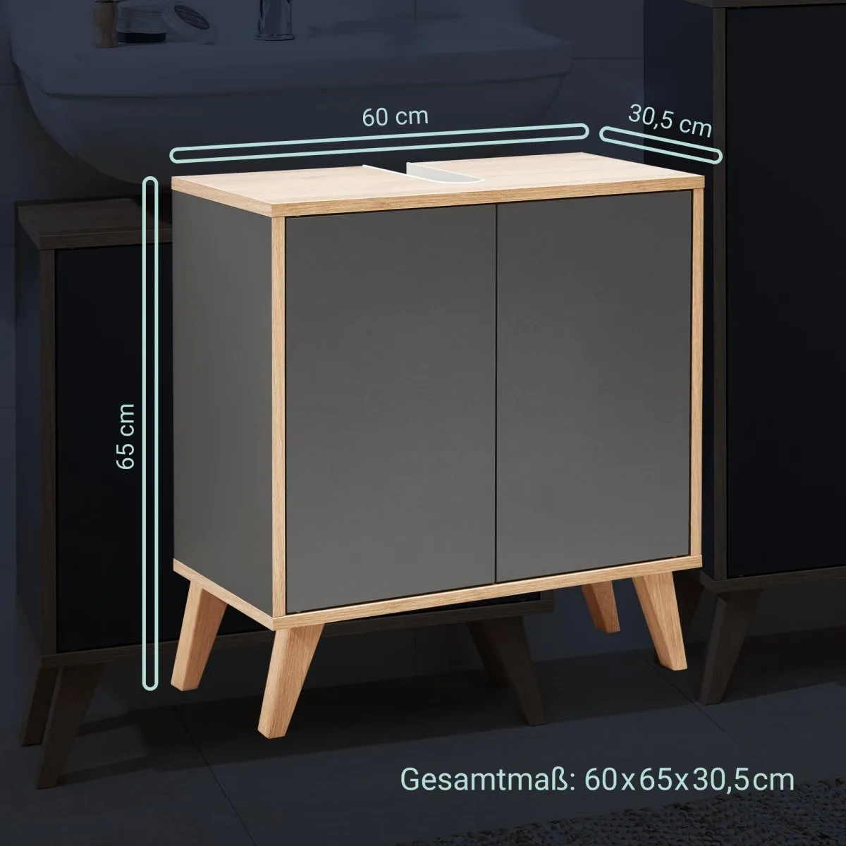 FACKELMANN FINN Waschbeckenunterschrank 60 cm breit, Anthrazit/Braun hell + Holzfüße
