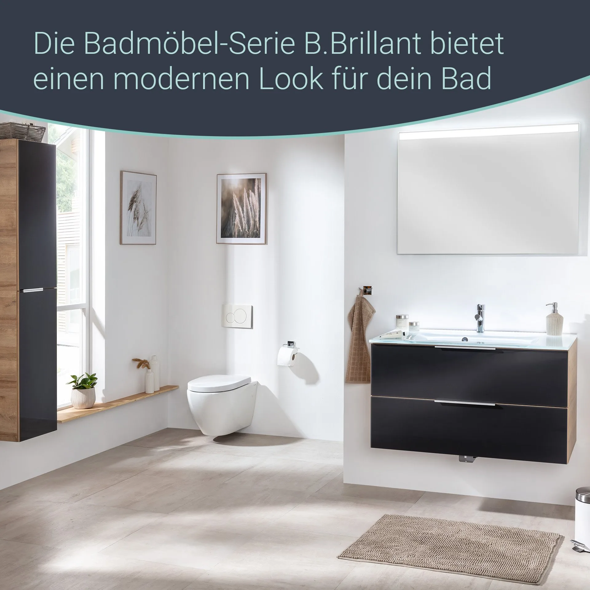 FACKELMANN B.BRILLANT Waschbecken mit Unterschrank 100 cm breit, Anthrazit Glas/Braun hell, Waschbecken Glas Weiß