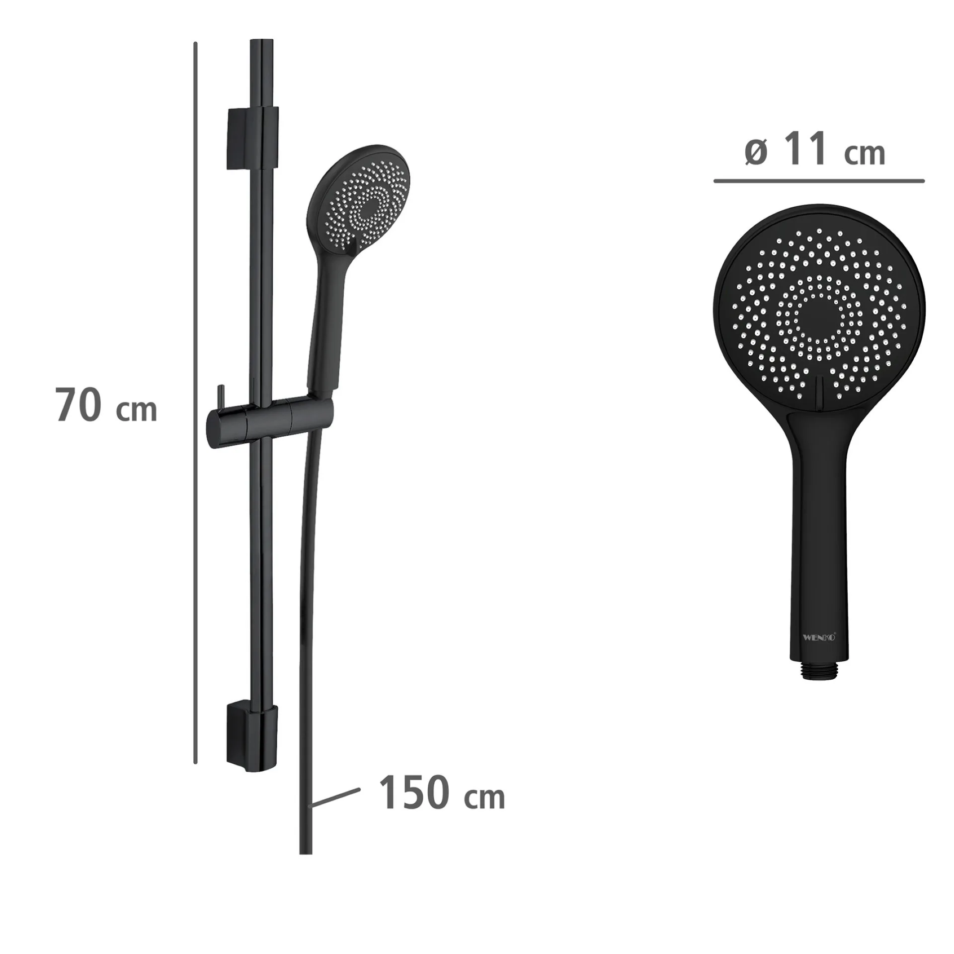 WENKO Stangenbrause Set 70 cm, Schwarz, mit Wassersparsystem, 3 verschiedene Wasserstrahlarten, Edelstahl
