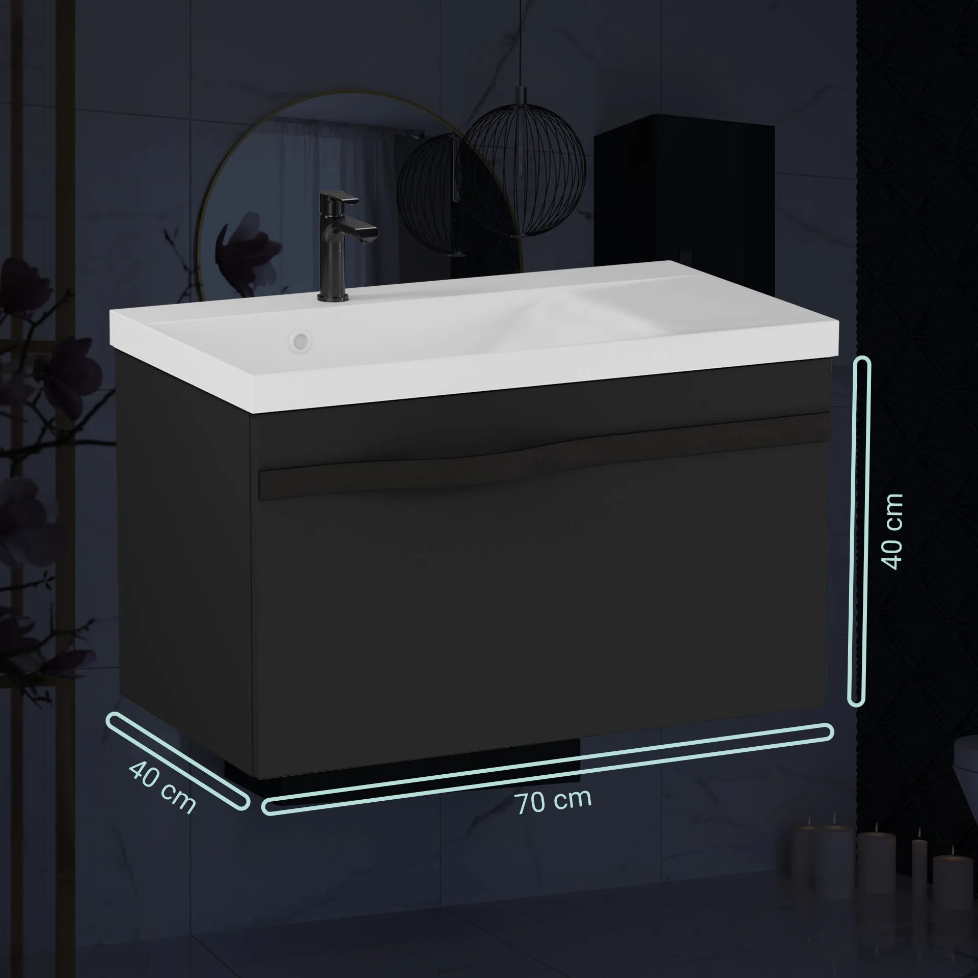 BADEDU FILS Waschbecken mit Unterschrank 69 cm breit, Schwarz, Waschbecken Gussmarmor Weiß, Griff Schwarz