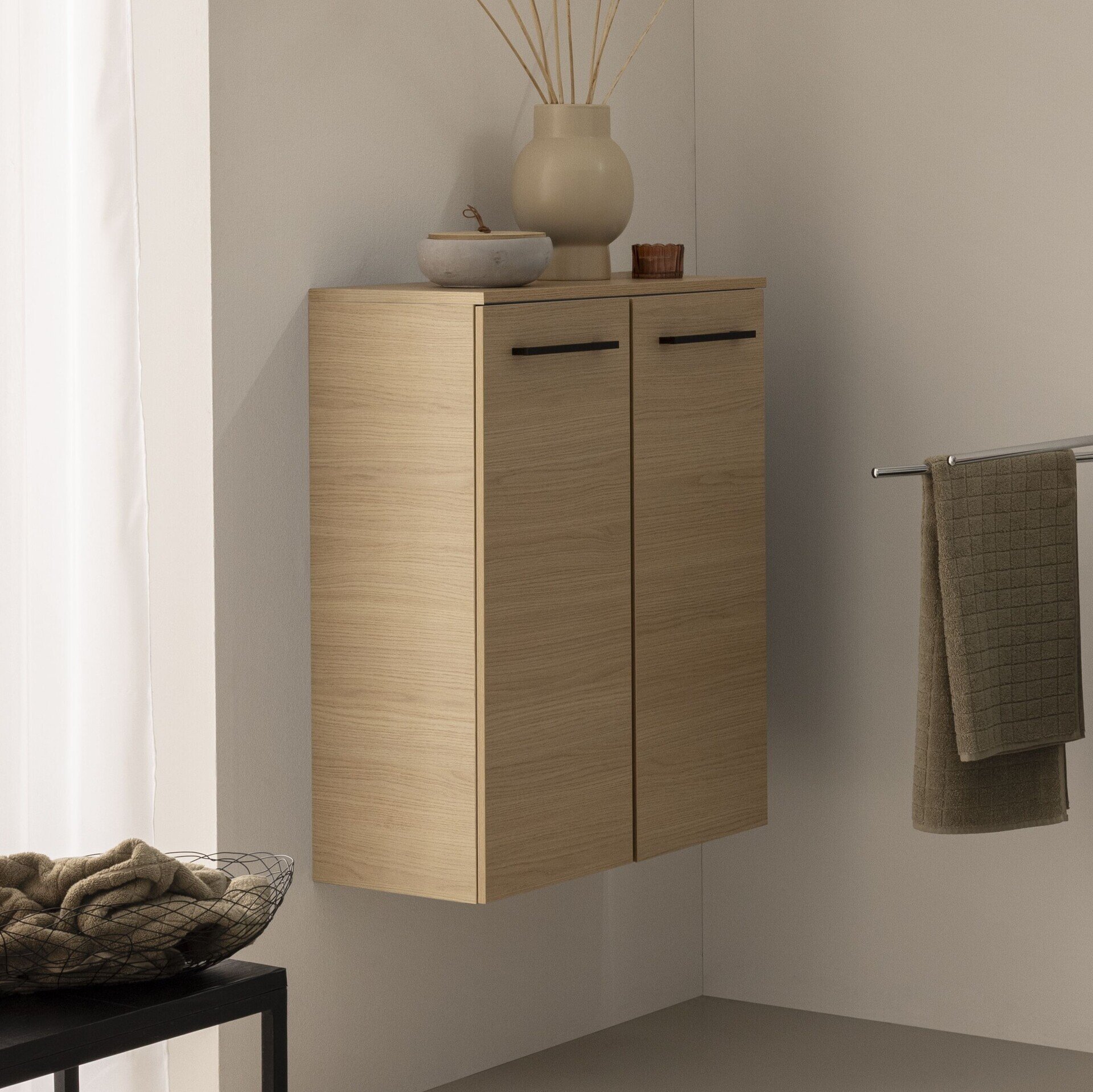 FACKELMANN B.ROUND Doppel Midischrank 60 cm breit, Braun, mit Wäschekorb