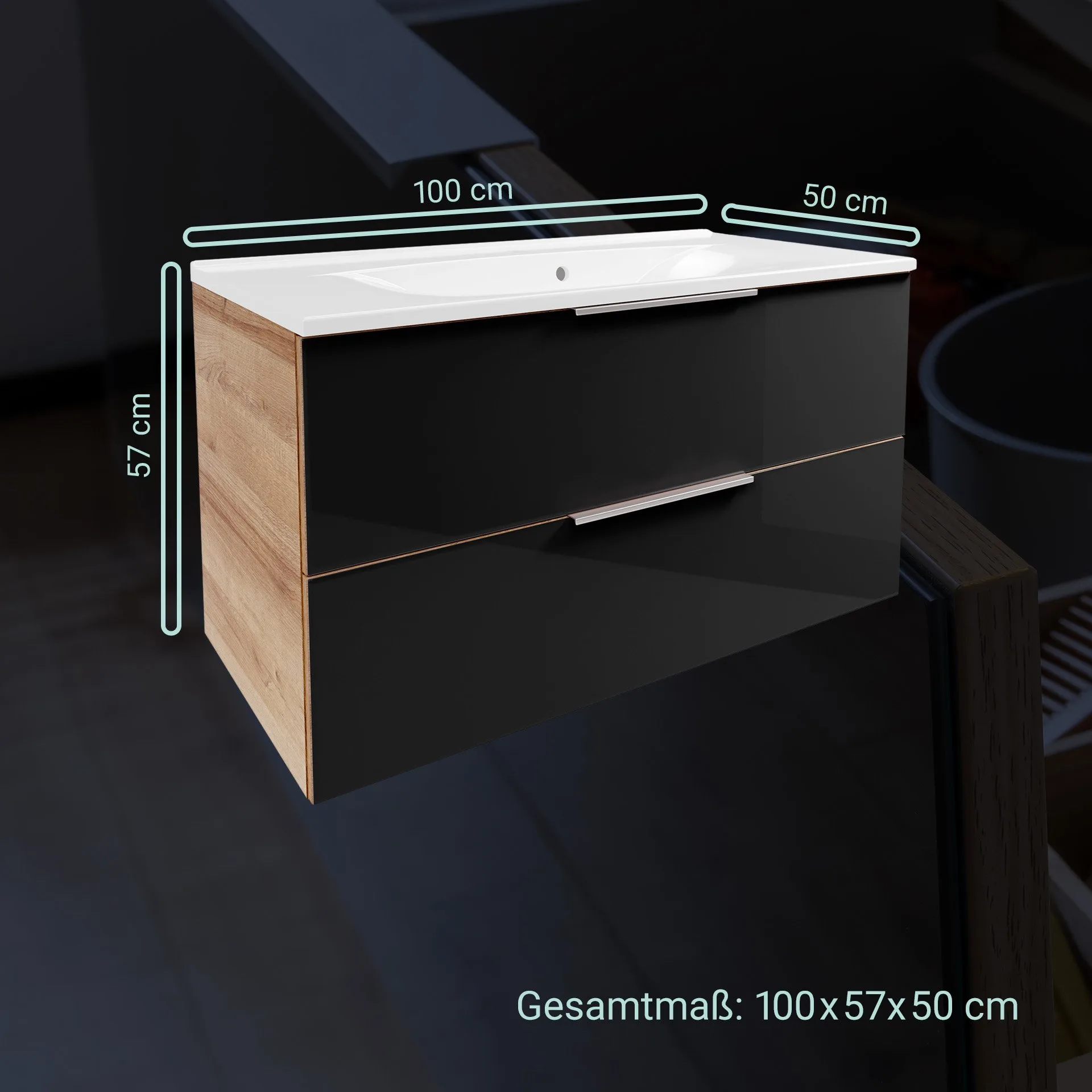 FACKELMANN B.BRILLANT Waschbecken mit Unterschrank 100 cm breit, Anthrazit Glas/Braun hell, Waschbecken Gussmarmor Weiß