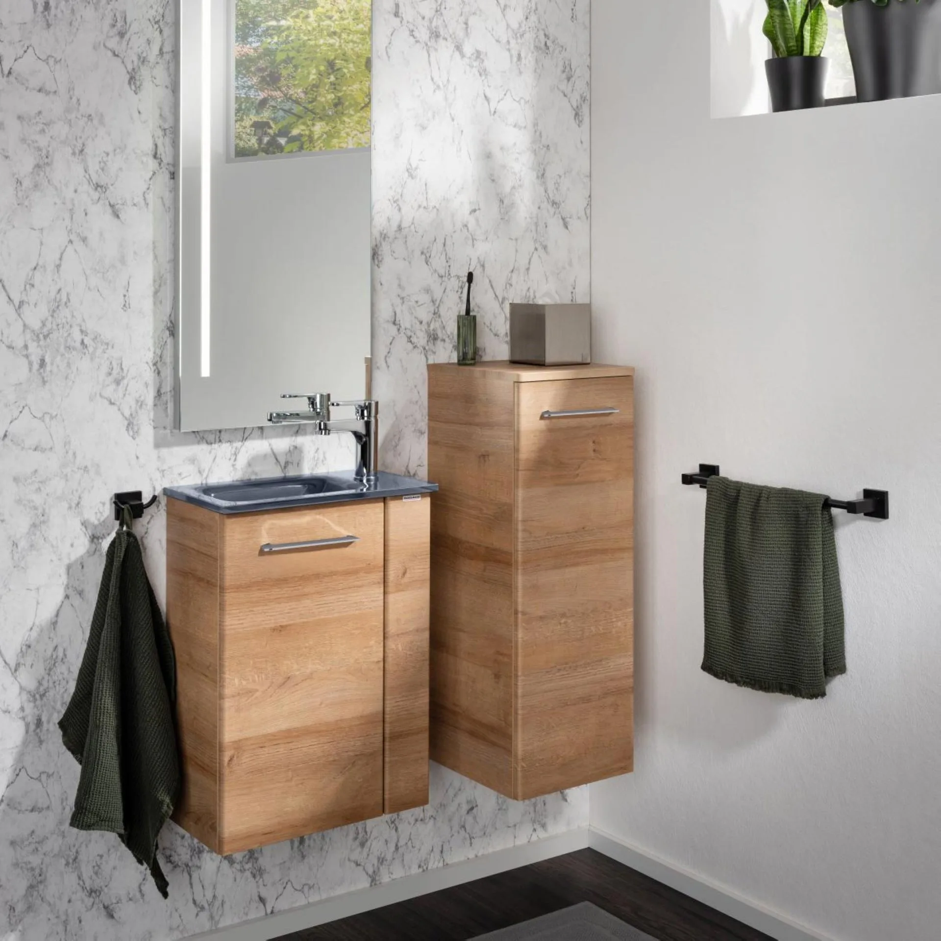 FACKELMANN SBC MILANO Waschbeckenunterschrank Gäste WC 45 cm breit, Braun hell, Türanschlag links