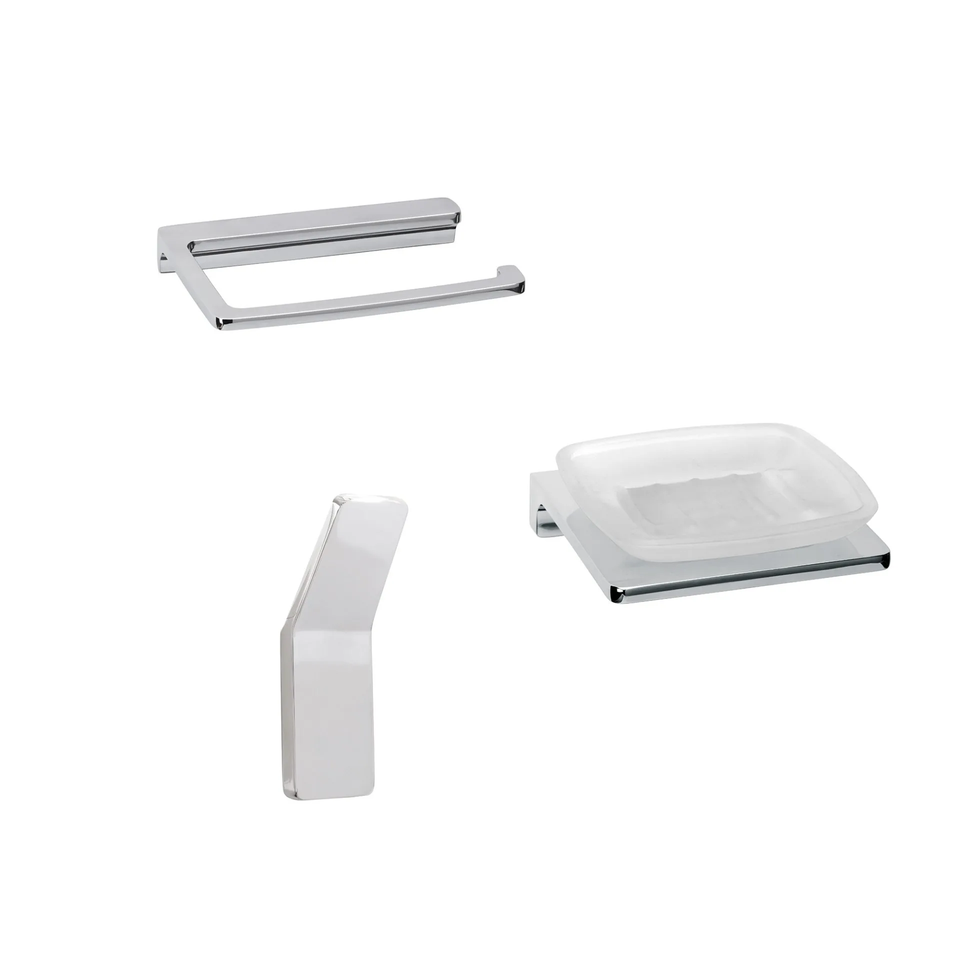 BADEDU SIRIUS Accessoire Set 3-teilig, Chrom, Handtuchhaken, Toilettenpapierhalter, Ablageschale