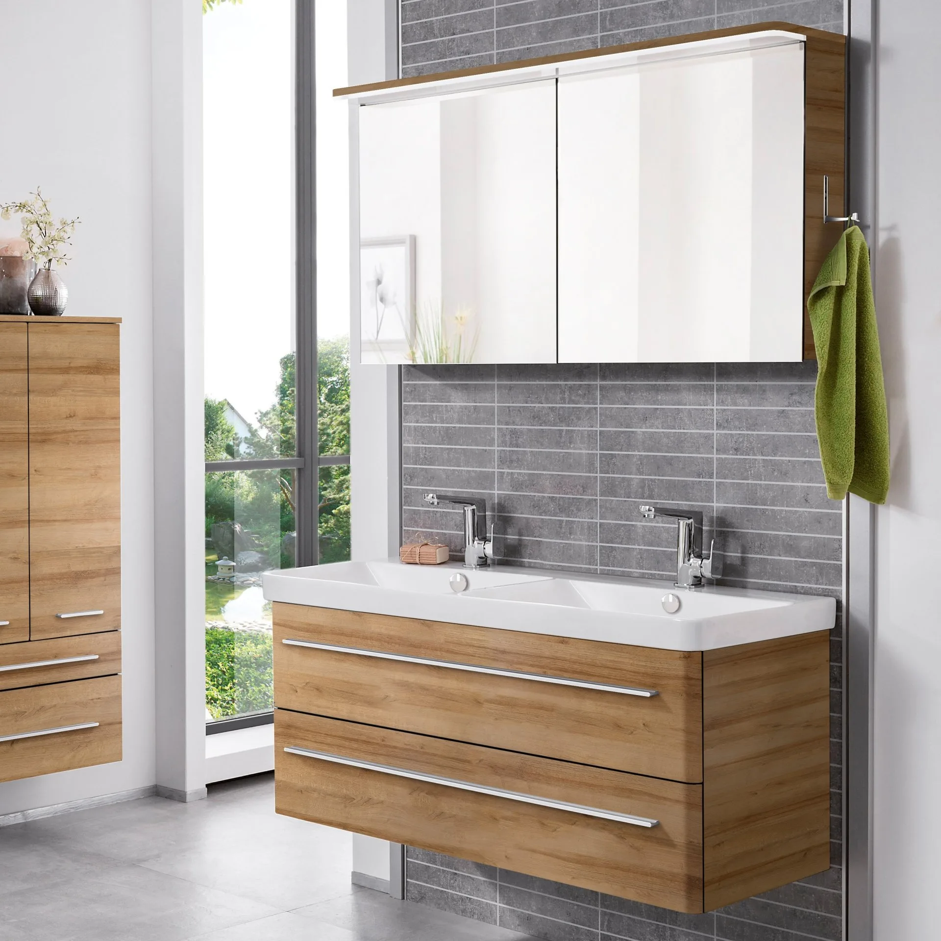 LANZET K8 Waschtisch Set mit Spiegelschrank 120 cm breit, Braun hell, Doppelwaschbecken Keramik Weiß