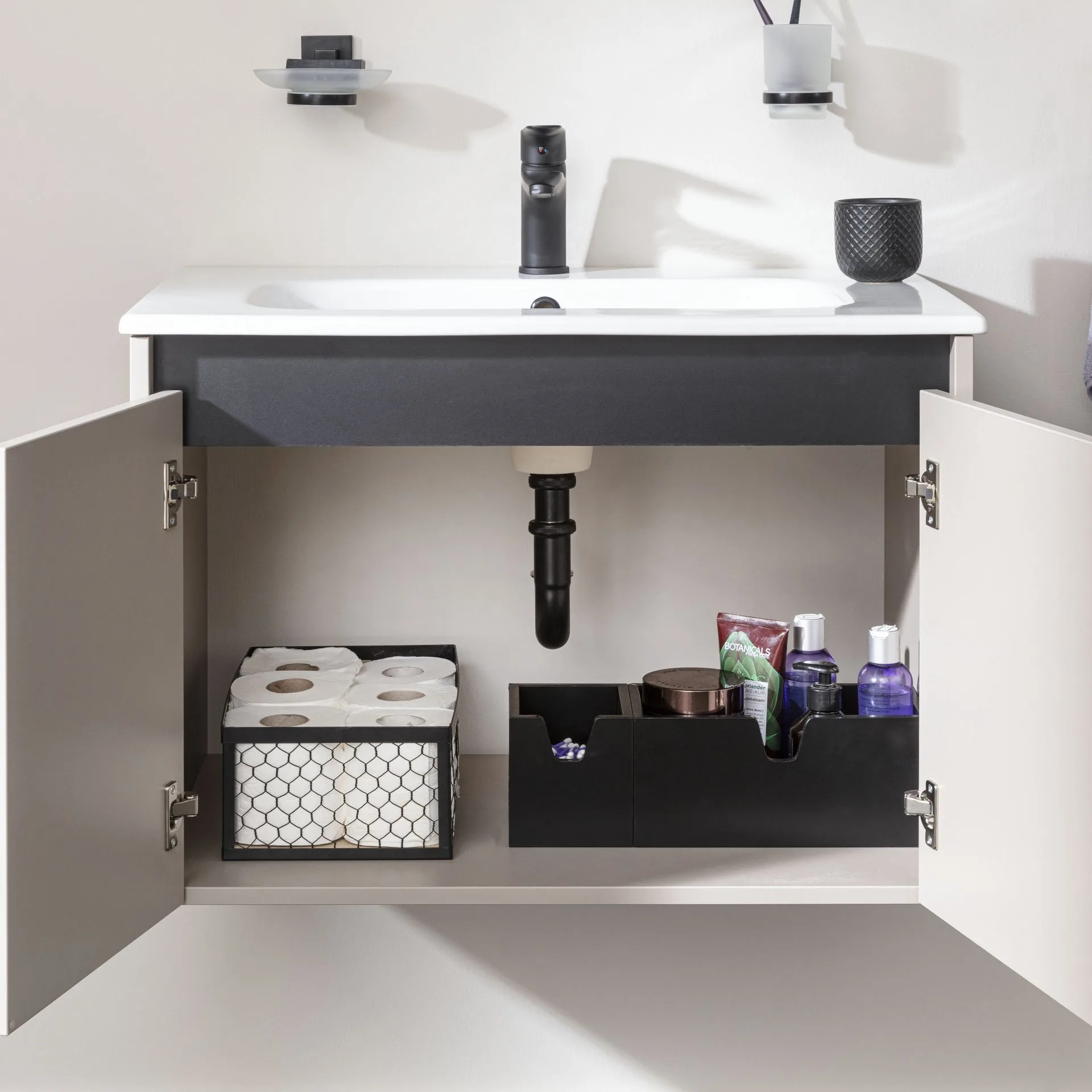 FACKELMANN COMPACT LINE Waschtisch Set mit Spiegelschrank 71 cm breit, Grau, Waschbecken Keramik Weiß, inklusive Aufsatzleuchte und Elektro-Box