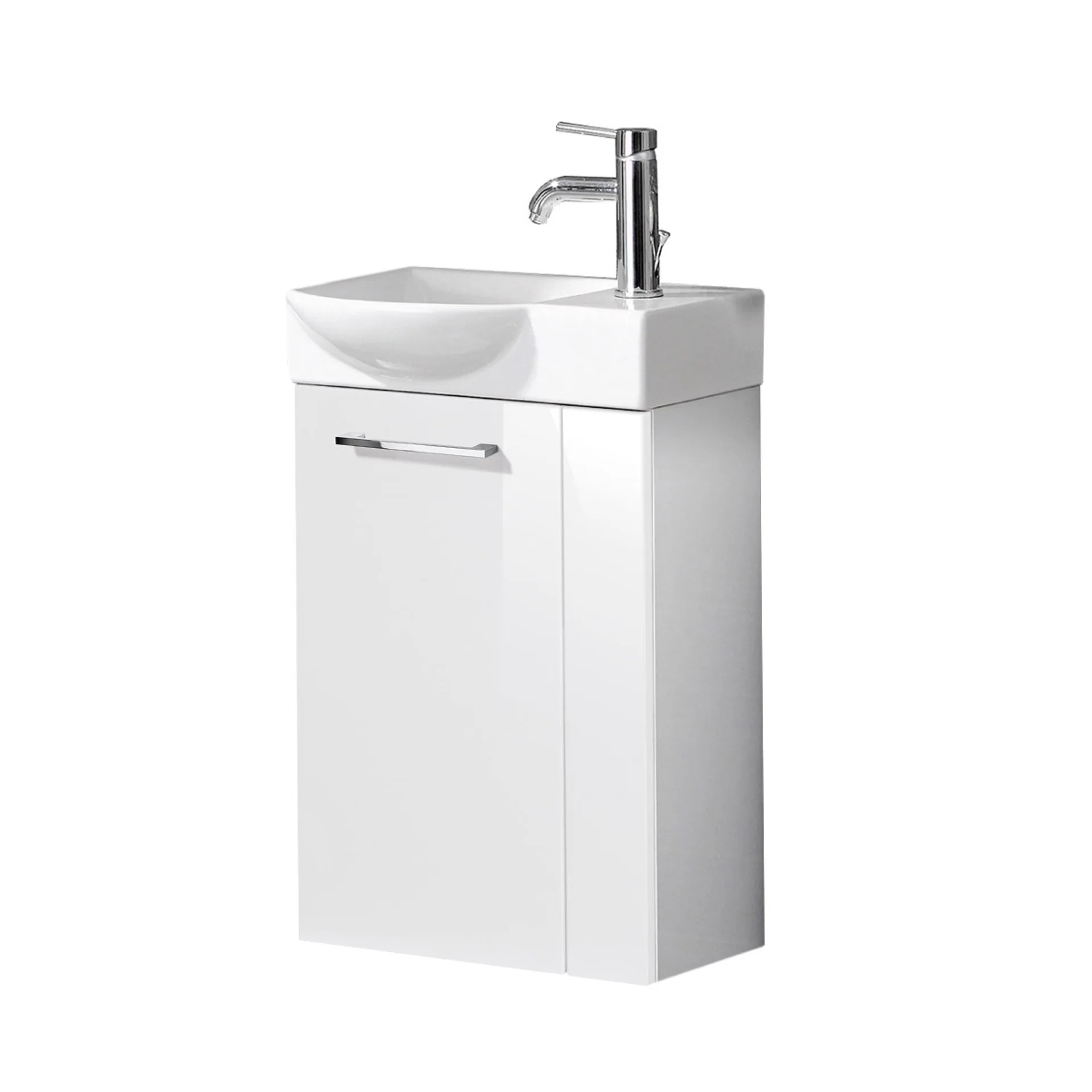 FACKELMANN SBC SCENO Waschbecken mit Unterschrank 45 cm breit, Weiß, Waschbecken Keramik Weiß, Türanschlag links + Armatur