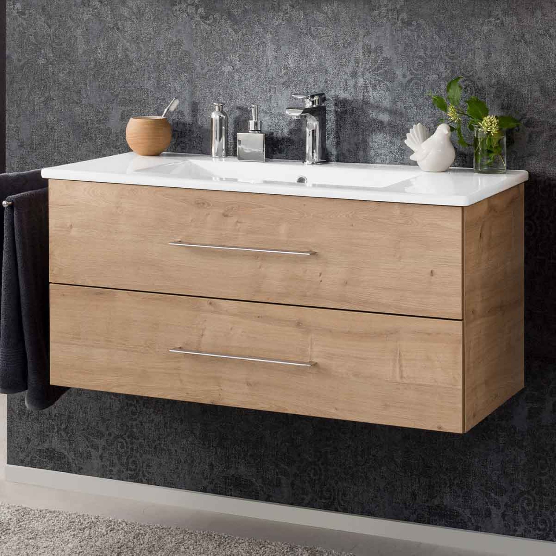 FACKELMANN B.PERFEKT Waschbecken mit Unterschrank 103 cm breit, Braun hell, Waschbecken Keramik Weiß