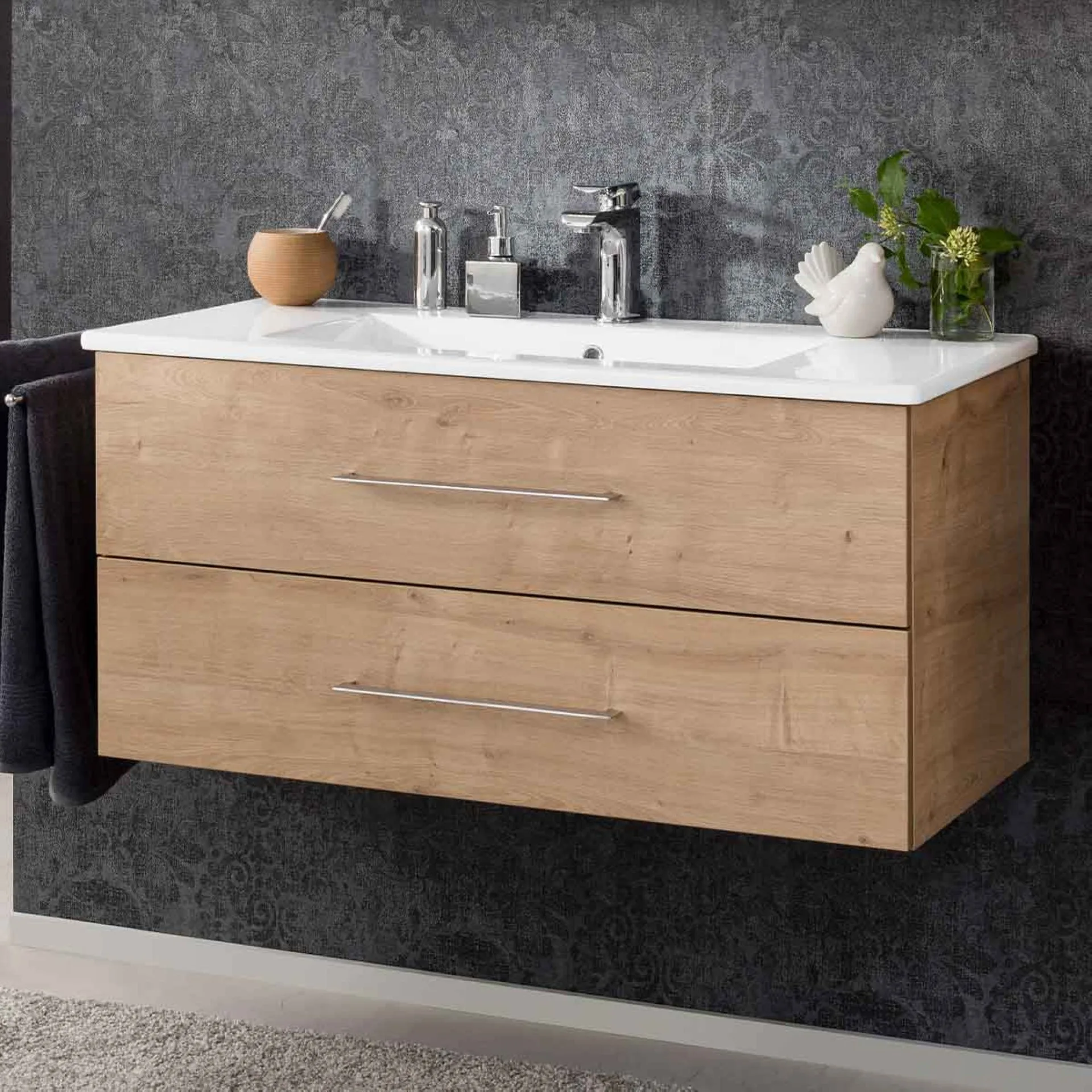 FACKELMANN B.PERFEKT Waschbecken mit Unterschrank 103 cm breit, Braun hell, Waschbecken Keramik Weiß