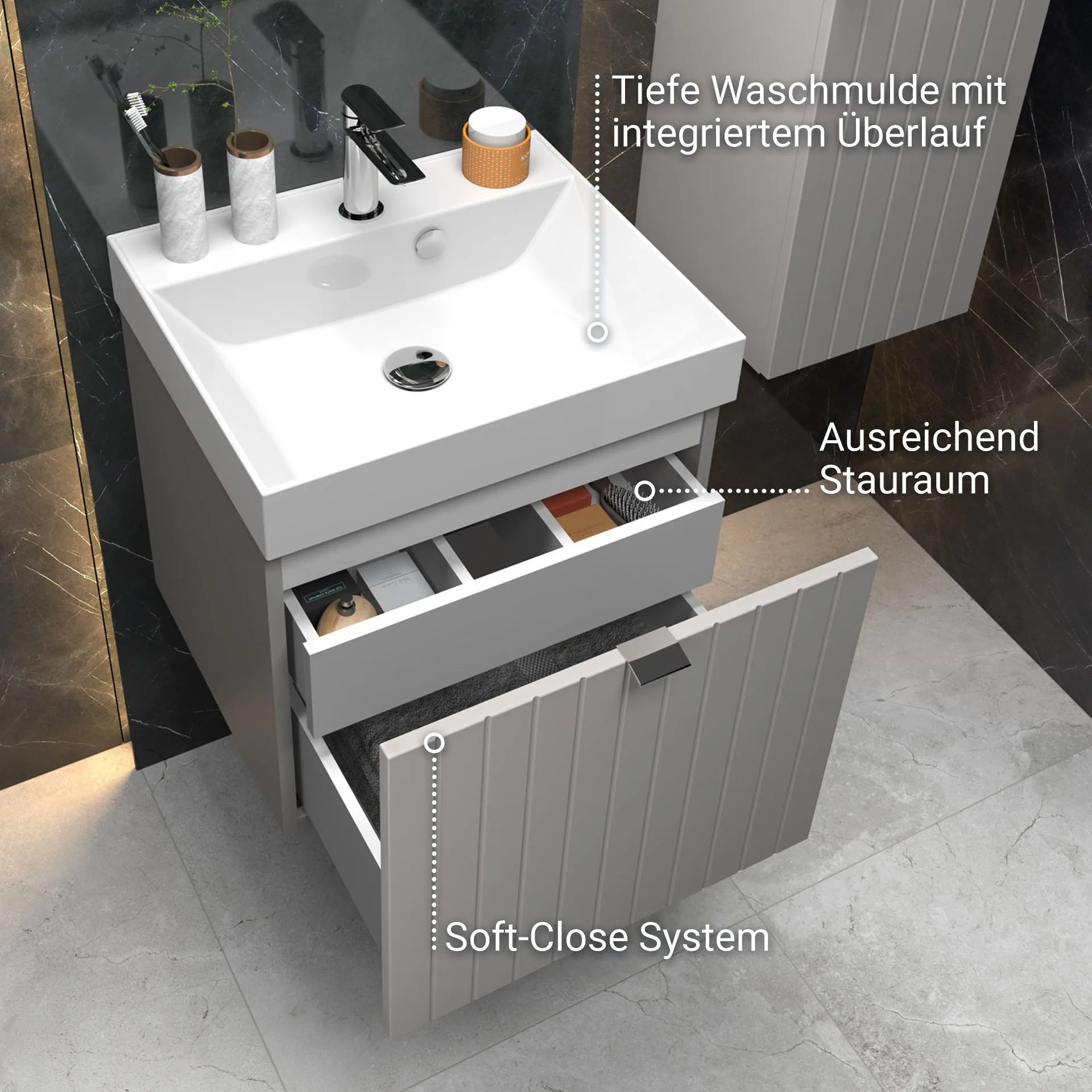 BADEDU ESLA Waschbecken mit Unterschrank 50 cm breit, Grau, Waschbecken Gussmarmor Weiß