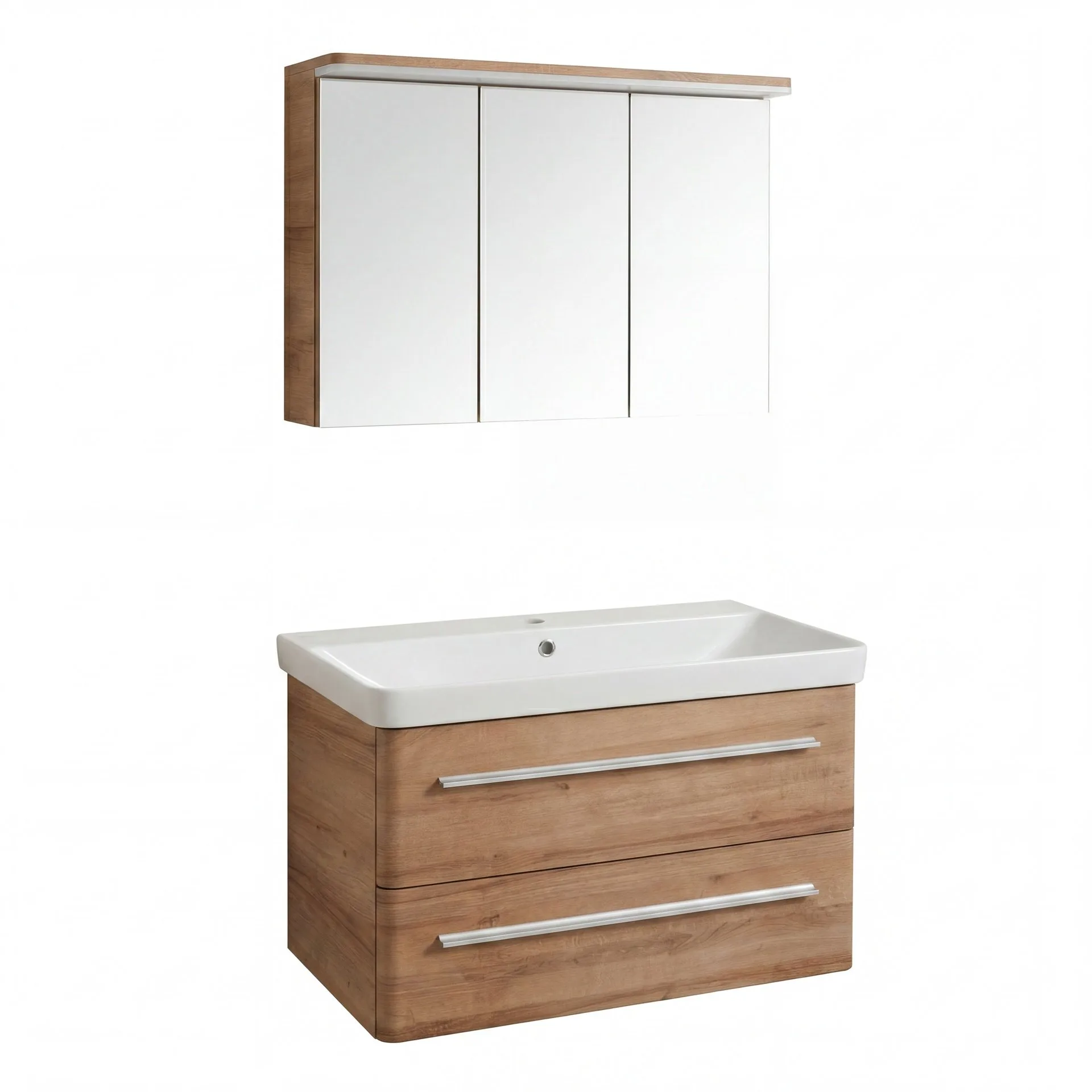 LANZET K8 Waschtisch Set mit Spiegelscharnk 80 cm breit, Braun hell, Waschbecken Keramik Weiß