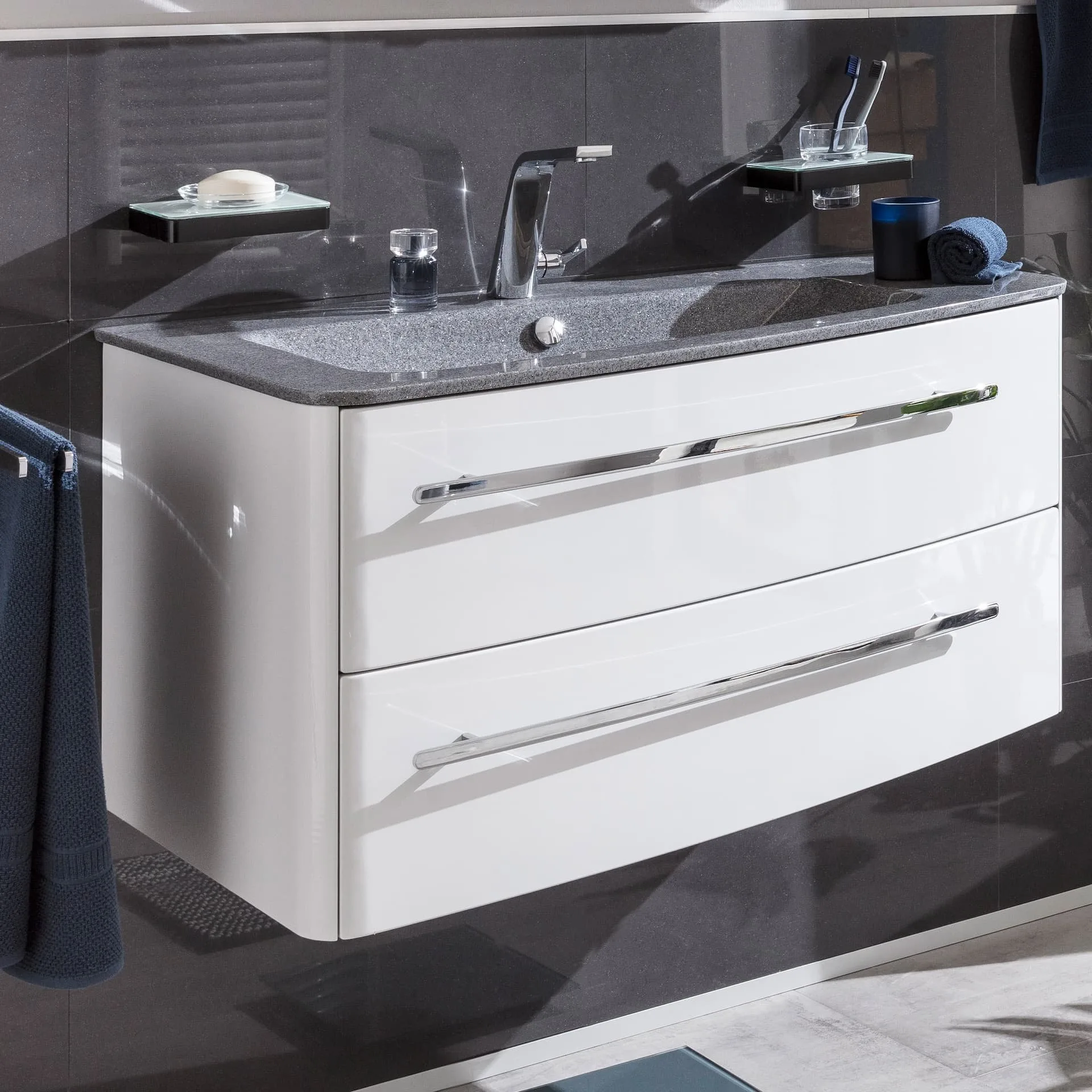 LANZET CLASSICO Waschbecken mit Unterschrank 100 cm breit, Weiß, Waschbecken Gussmarmor Grau