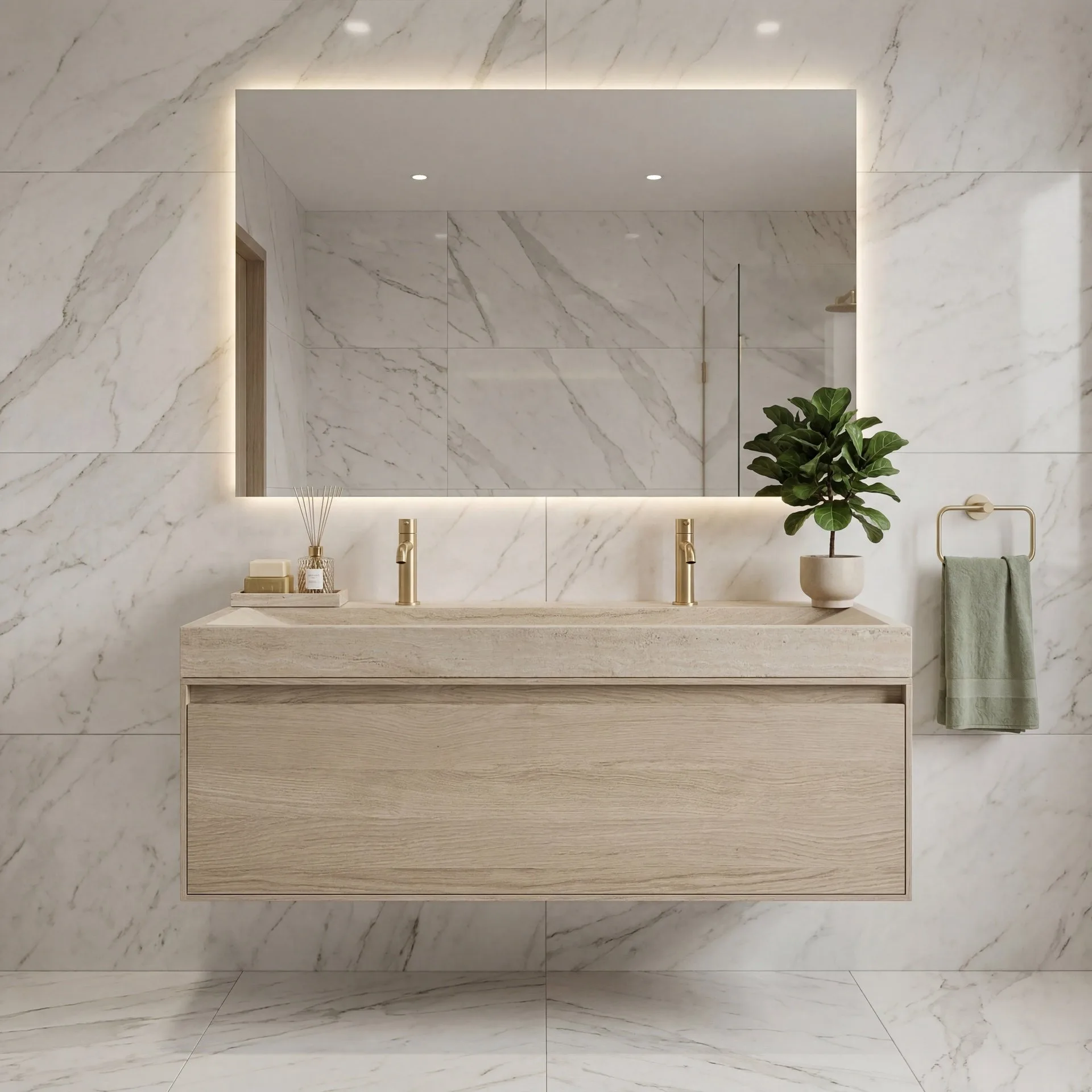 FORZALAQUA IBIZA BELLEZZA Waschbecken mit Unterschrank 100 cm breit, Braun hell, Natursteinwaschbecken Travertin matt mit zwei Hahnlöchern, 1 Schublade
