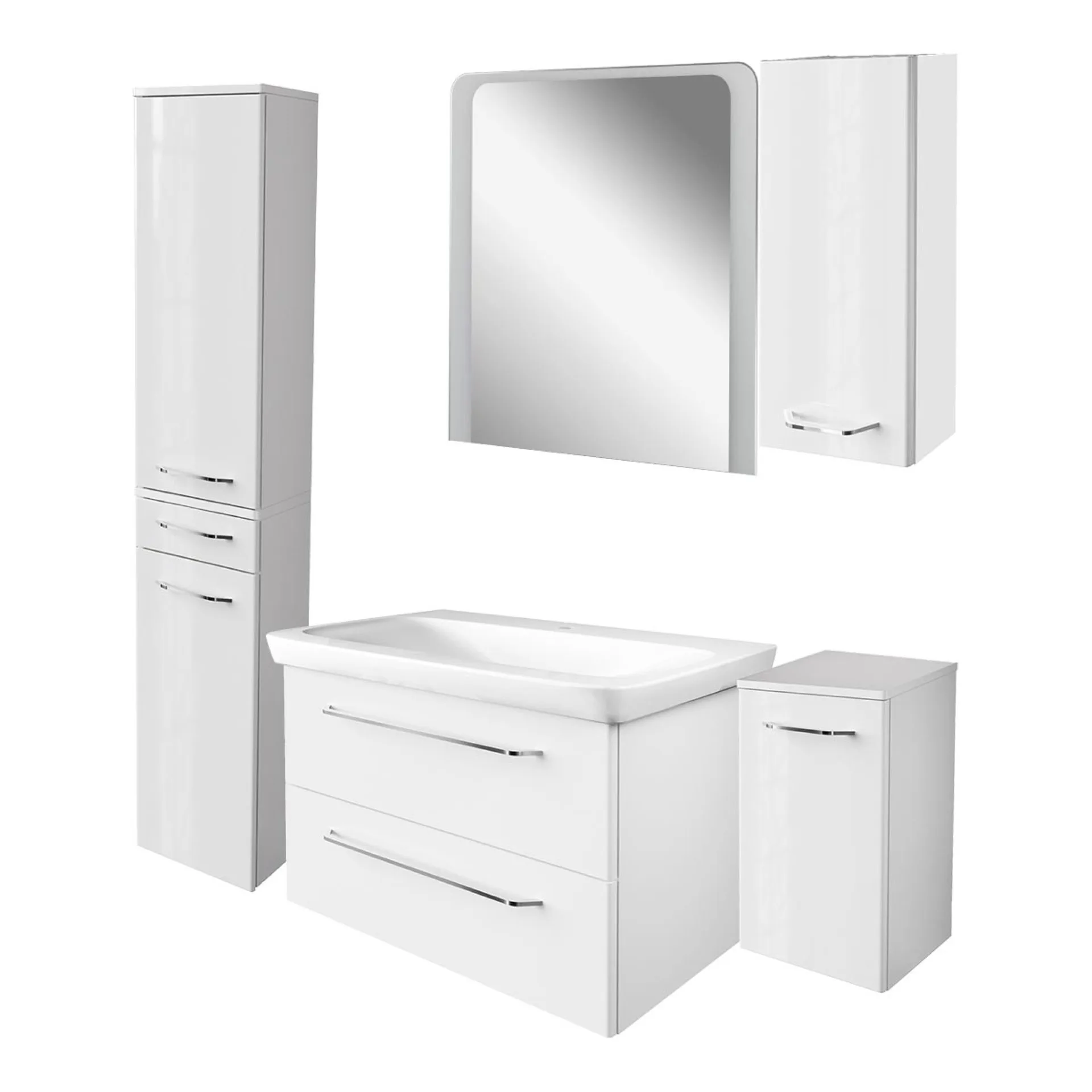 FACKELMANN MILANO Badmöbel Set 6-teilig 88 cm breit, Weiß, Waschbecken Keramik Weiß + LED Spiegel + Unterschrank + Hängeschrank + Hochschrank